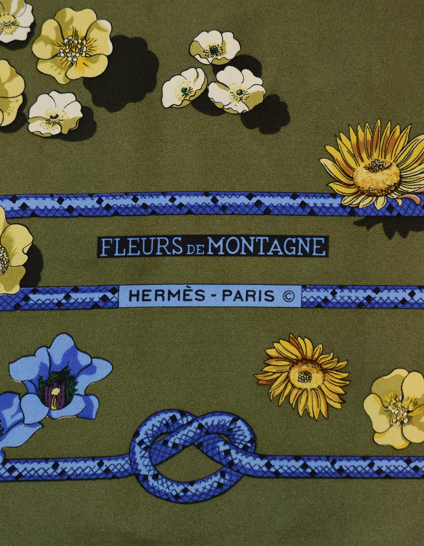 Hermes Green Fleurs De Montague Floral Printed Silk Scarf 70