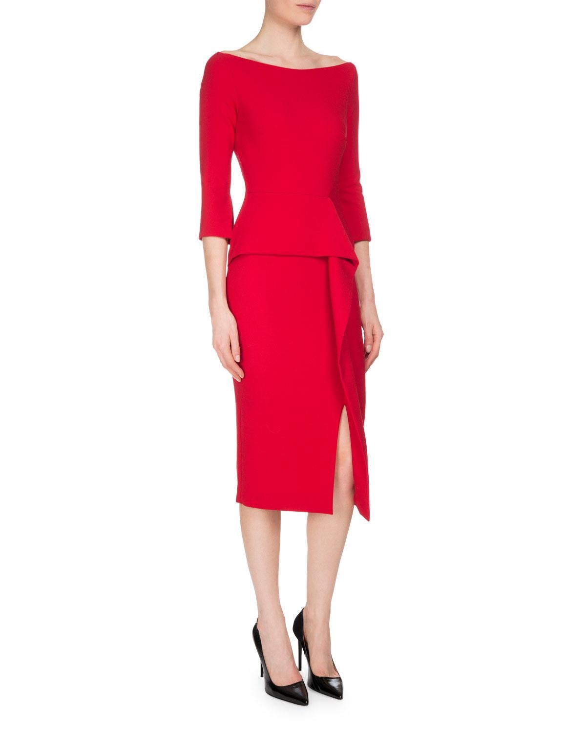 Roland Mouret NWT Red Ardingly Off-The-Shoulder Peplum Dress Sz 16

Made In:  Portugal  
Color: Red
Materials: 67% polyester, 29% viscose, 4% elastane
Lining: 68% acetate, 32% polyester
Opening/Closure: Exposed goldtone back zipper
Overall