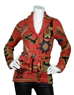 Ralph Lauren Silk/Linen/Cotton Handknit Aztec Belted Cardigan Sweater Sz S