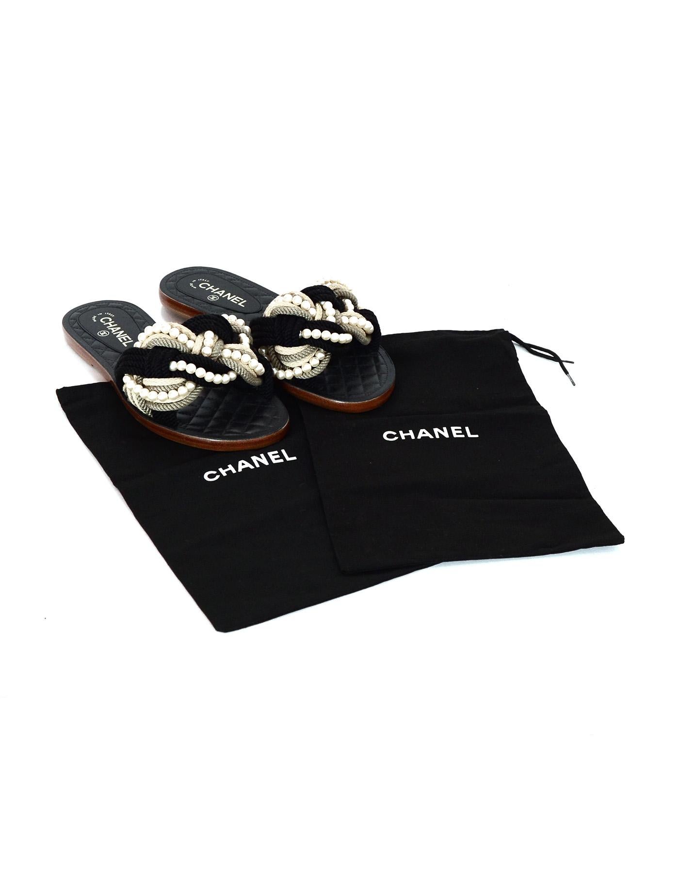 Chanel '17 Paris/Cuba Black/Beige Braided Rope and Pearl Slide Sandals ...