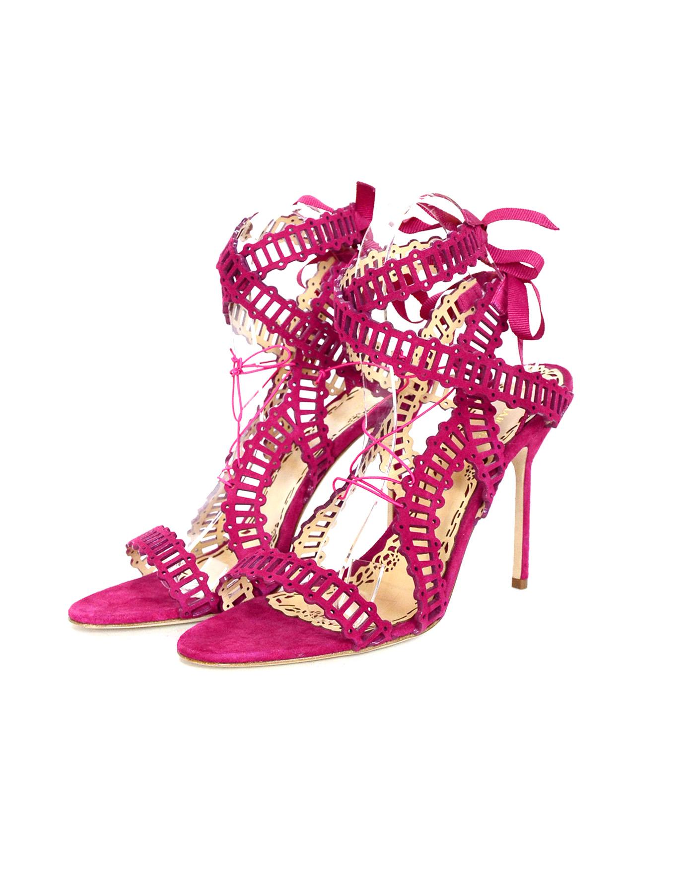 Marchesa NEW Hot Pink Suede Cut Out Stella Sandals Heels Sz 38.5

Made In: Italy
Year of Production: 2016
Color: Hot pink
Materials: Leather, suede
Closure/Opening:  Slide on and lace up front
Overall Condition: Like new condition 
Estimated Retail: