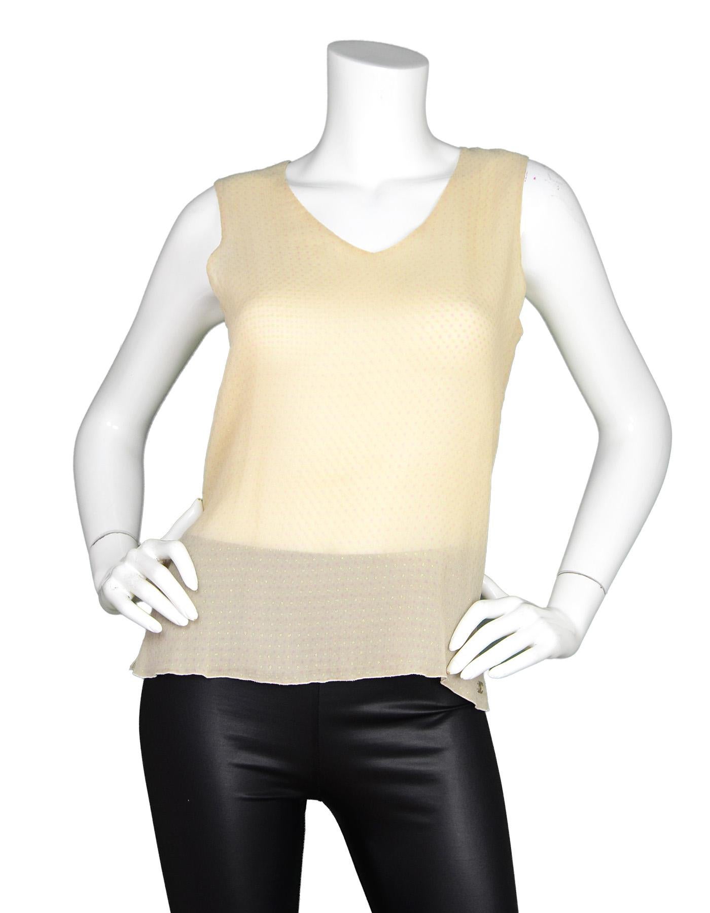 Chanel Beige Sheer Silk Sleeveless Tank Top W/ Pink/Gold Metallic Dots & Light Goldtone Metal CC Logo at Bottom Sz S 

Color: Beige
Materials: No composition tag, sheer silk material 
Lining: Unlined
Opening/Closure: Hook-eye back closure 
Overall