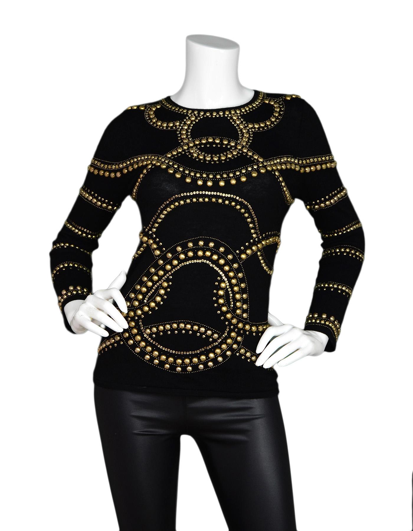 Naeem Kahn Black/Gold Embellished Cashmere Sweater Sz P (S)

Made In: China
Color: Black and gold
Materials: 100% superfine cashmere, metal
Opening/Closure: Hook-eye closure on back
Overall Condition: Very good pre-owned condition with exception of