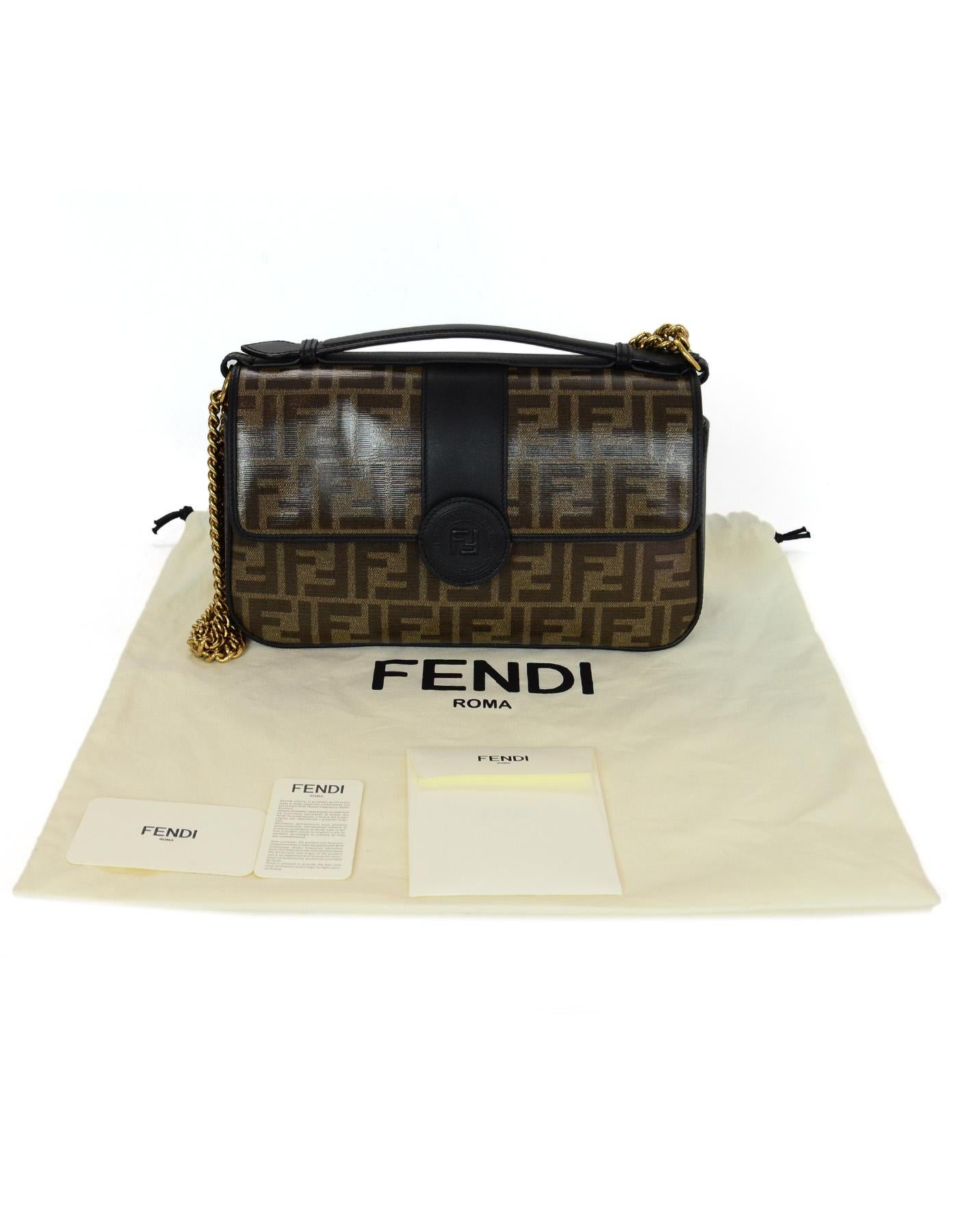 Fendi 2018 Black/Brown Leather/Canvas Monogram Double Flap Crossbody Bag 2