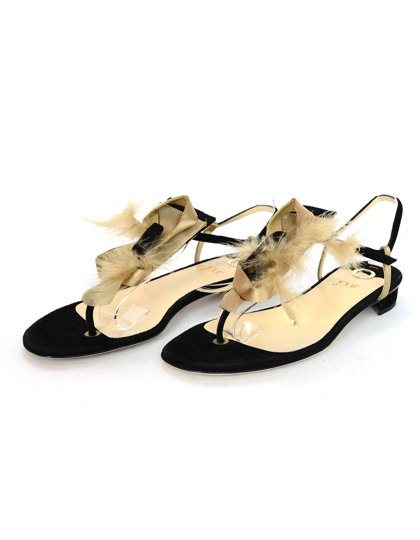 Beige Jour Black Suede Sandals W/ Feather Detail Sz 38 rt. $675