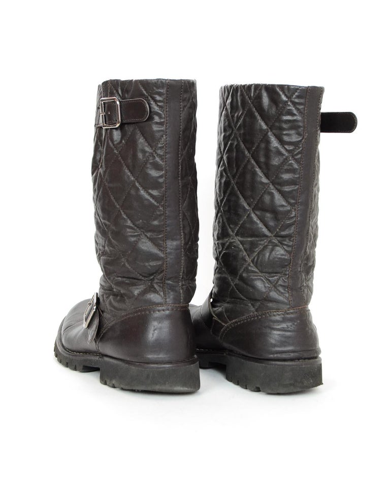 Chanel Brown Leather Quilted Biker Moto Boots sz 42 For Sale at