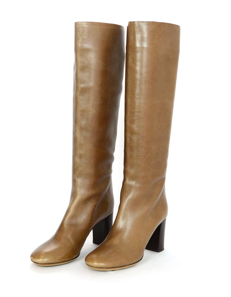 tan leather knee high heeled boots