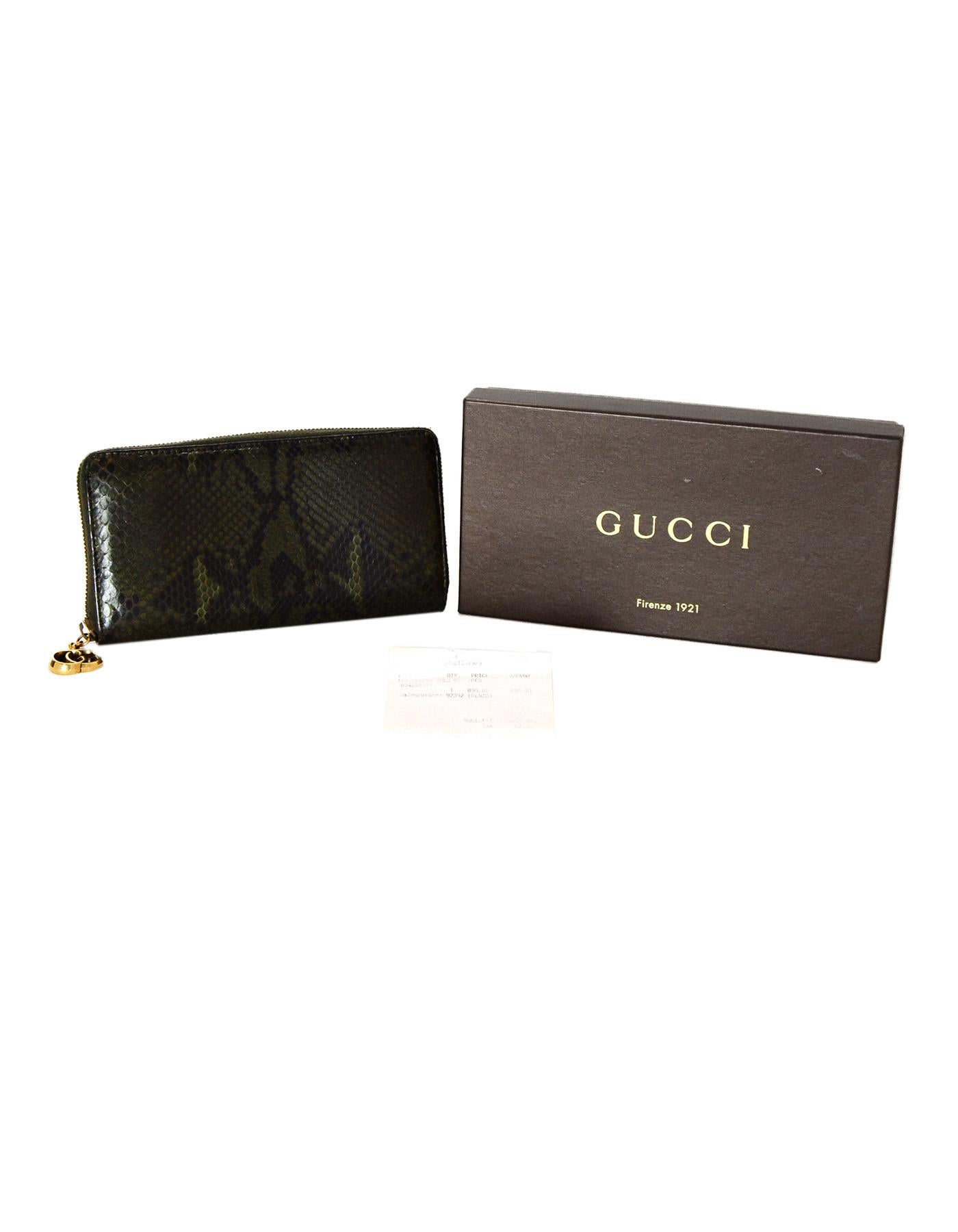 Women's Gucci Green Python Zip Around Wallet w/ GG Logo Zipper Pull