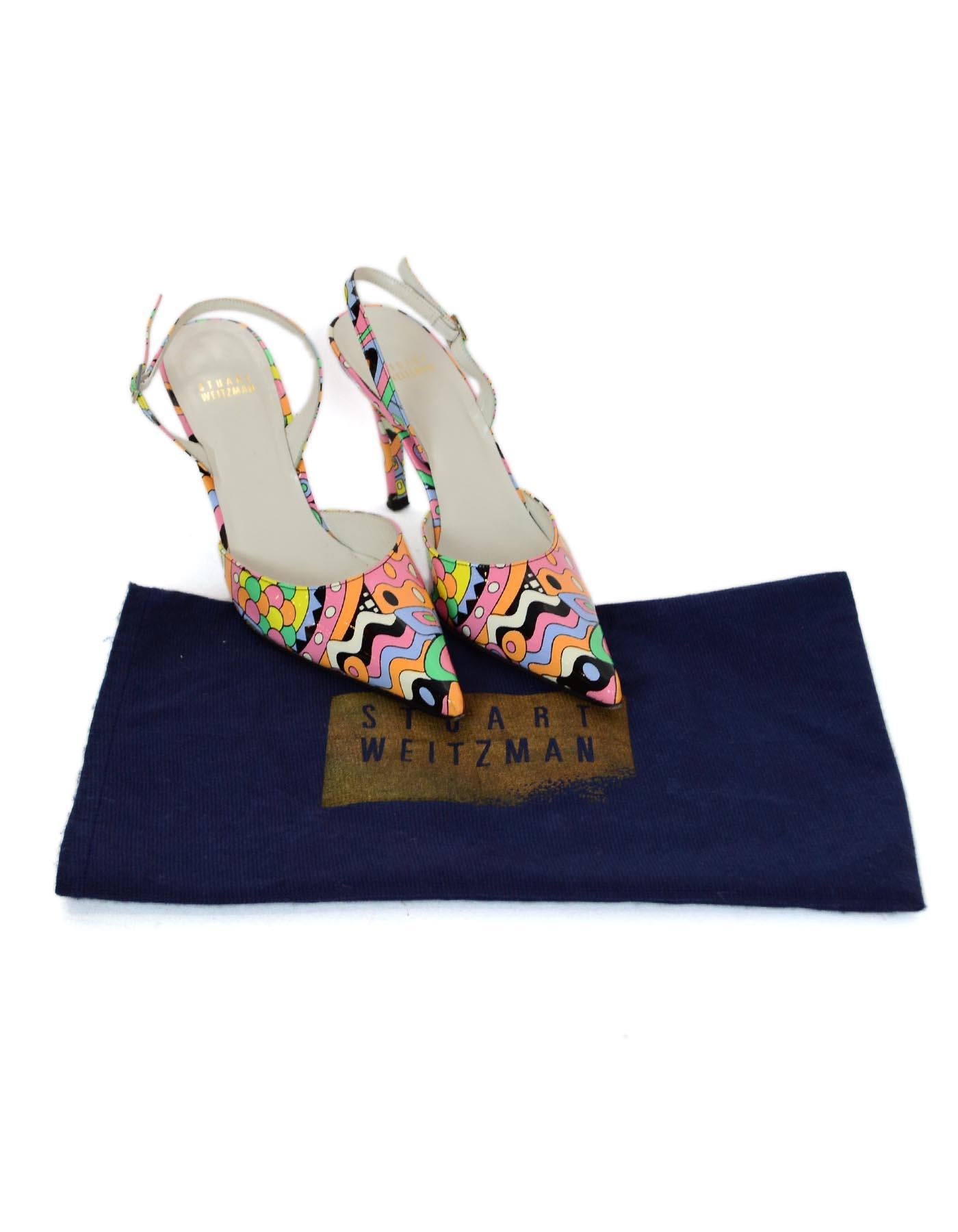 Stuart Weitzman Multi-Color Pattern Patent Leather Point Toe Sling Back Pumps Heels Sz 7.5

Made In: Spain
Color: Multi-color pattern
Hardware: Silvertone
Materials: Patent leather 
Closure/Opening:  Buckle side
Overall Condition: Excellent