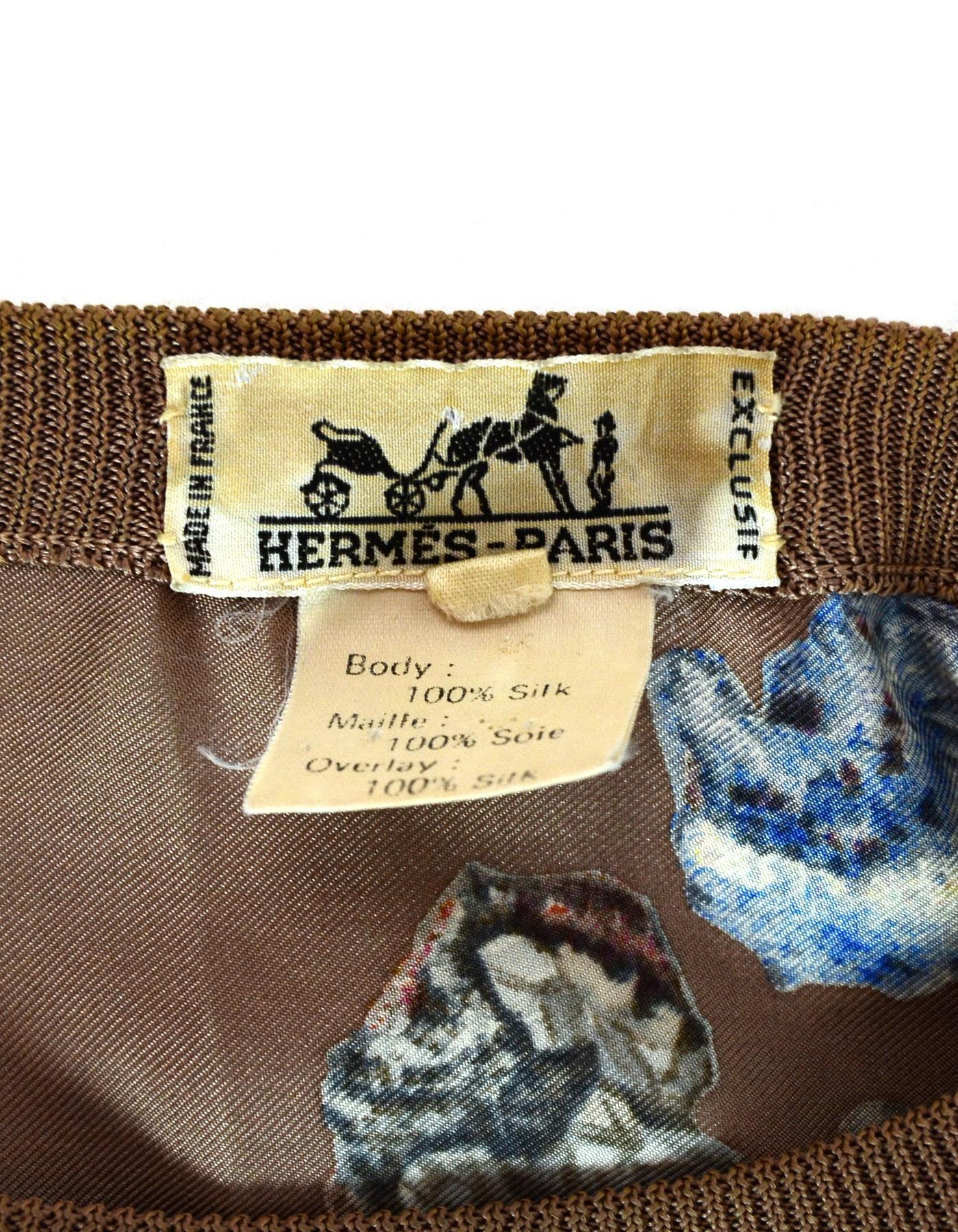Hermes Vintage Tan Silk Short Sleeve Crew Neck Top W/ Gem Rock Design Sz 42 1