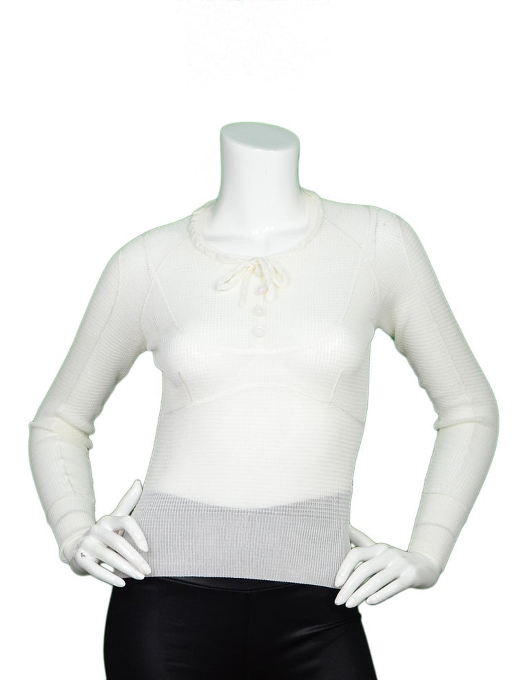 Louis Vuitton Cream Long-Sleeve Silk Sheer Knit Top W/ White Flower Buttons Sz S For Sale at 1stdibs