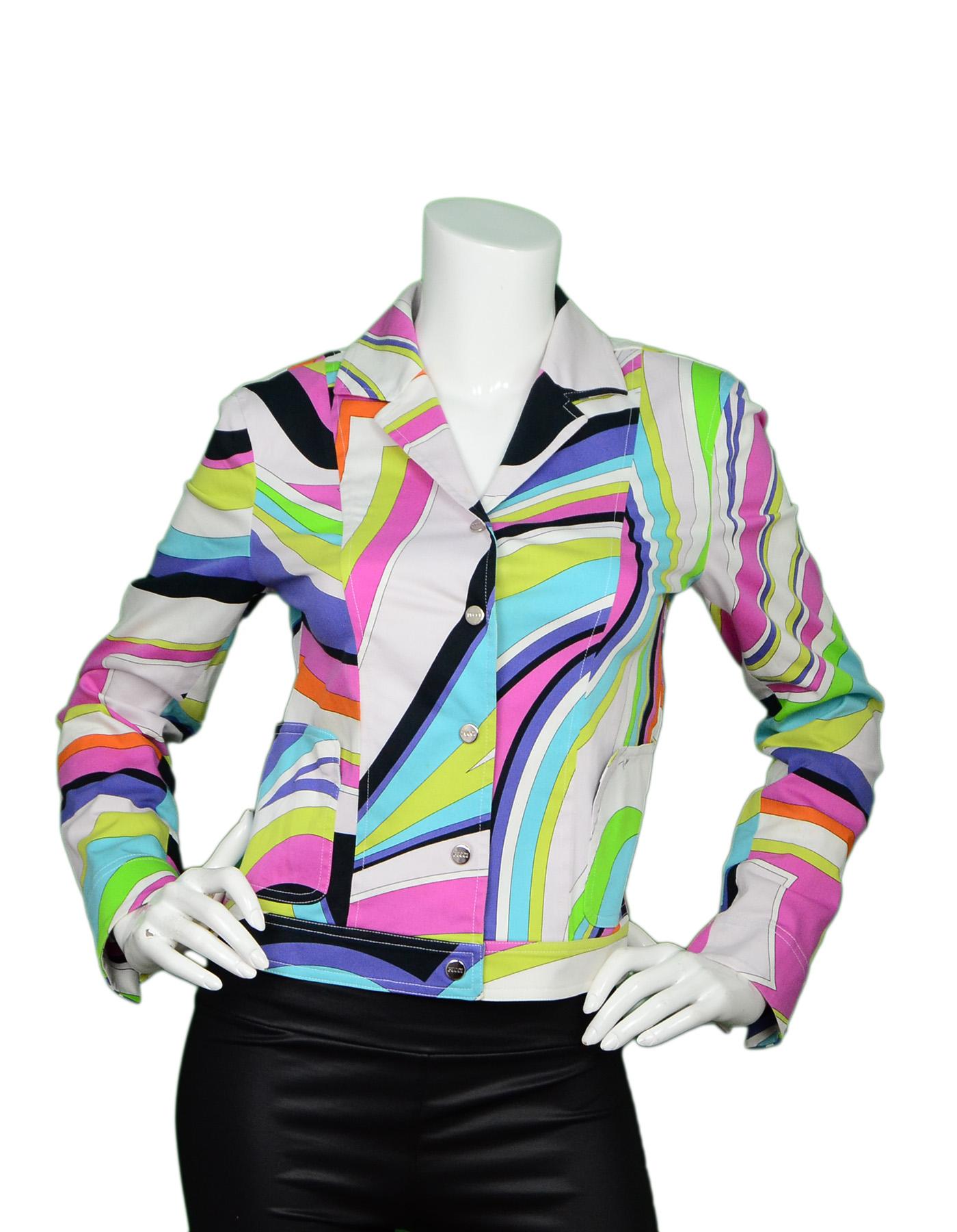 Emilio Pucci Multi-Color Cotton Long Sleeve Blazer/Jacket Sz 36

Made In: Italy
Color: Multicolor- white, pink, purple, teal. chartreuse 
Materials: 98% cotton, 2% elastane
Opening/Closure: Silvertone Pucci logo snaps
Overall Condition: Excellent