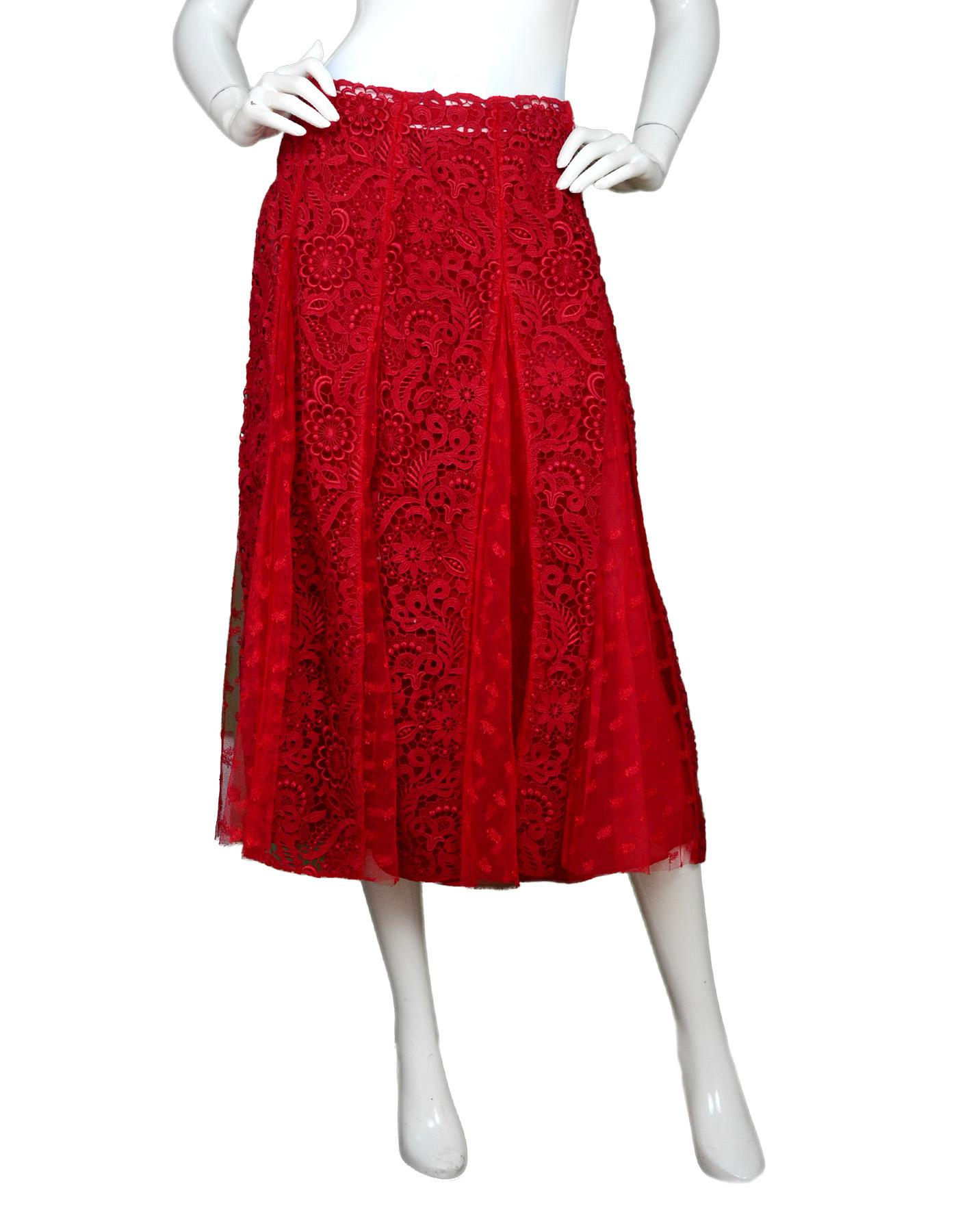 Valentino Red Lace Midi Skirt W/ Slip Sz 6

Made In: Italy
Color: Red
Materials: Lave (no composition tag)
Lining:  Fully lined silk fabric (no composition tag)
Overall Condition: Excellent pre-owned condition with the exception of missing