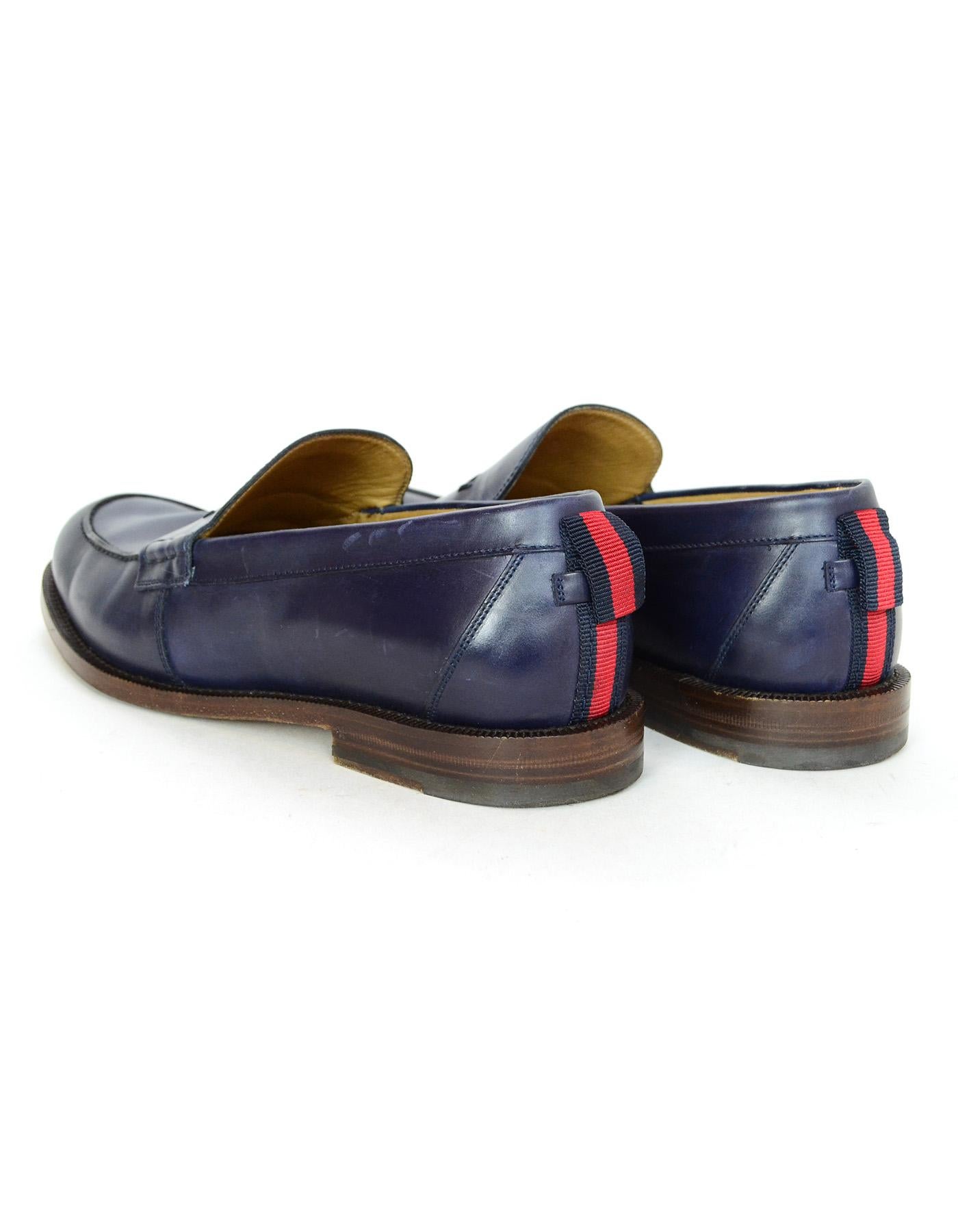 Gucci Navy Men's Penny Loafers w/ Web Sz 9 In Excellent Condition In New York, NY