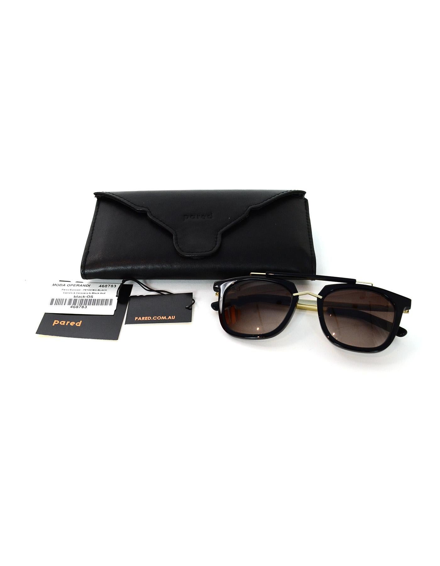 Pared Black/Gold Camels & Caravans Aviator Sunglasses W/ Brown Gradient Lenses

Made In: Australia 
Color: Black
Hardware: Goldtone
Materials: Resin and metal
Overall Condition: Excellent pre-owned condition 
Estimated Retail: $270 + tax
Includes: