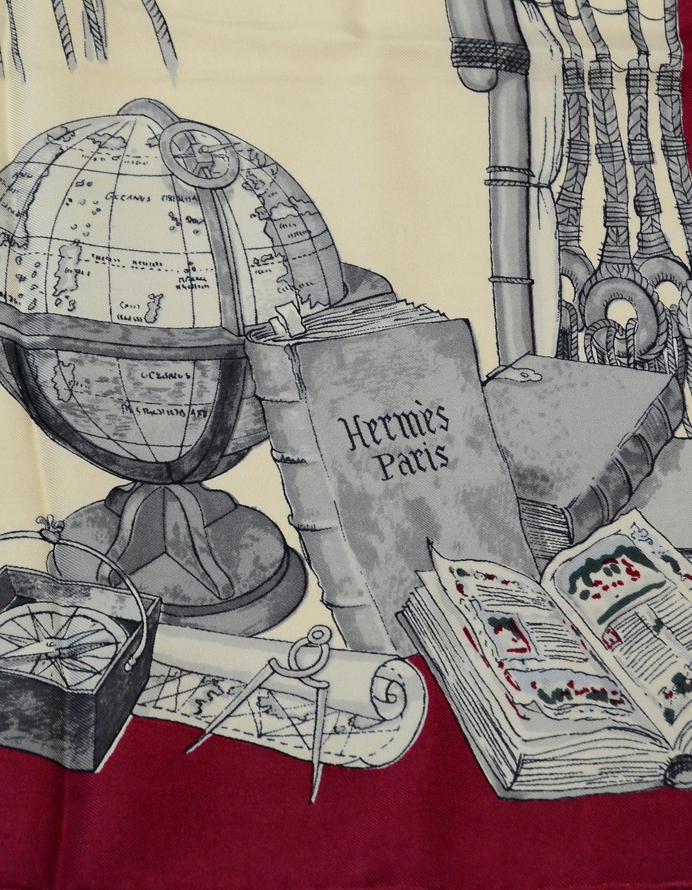 Gray Hermes Cream/Burgundy Caravelle 90 CM Silk Scarf
