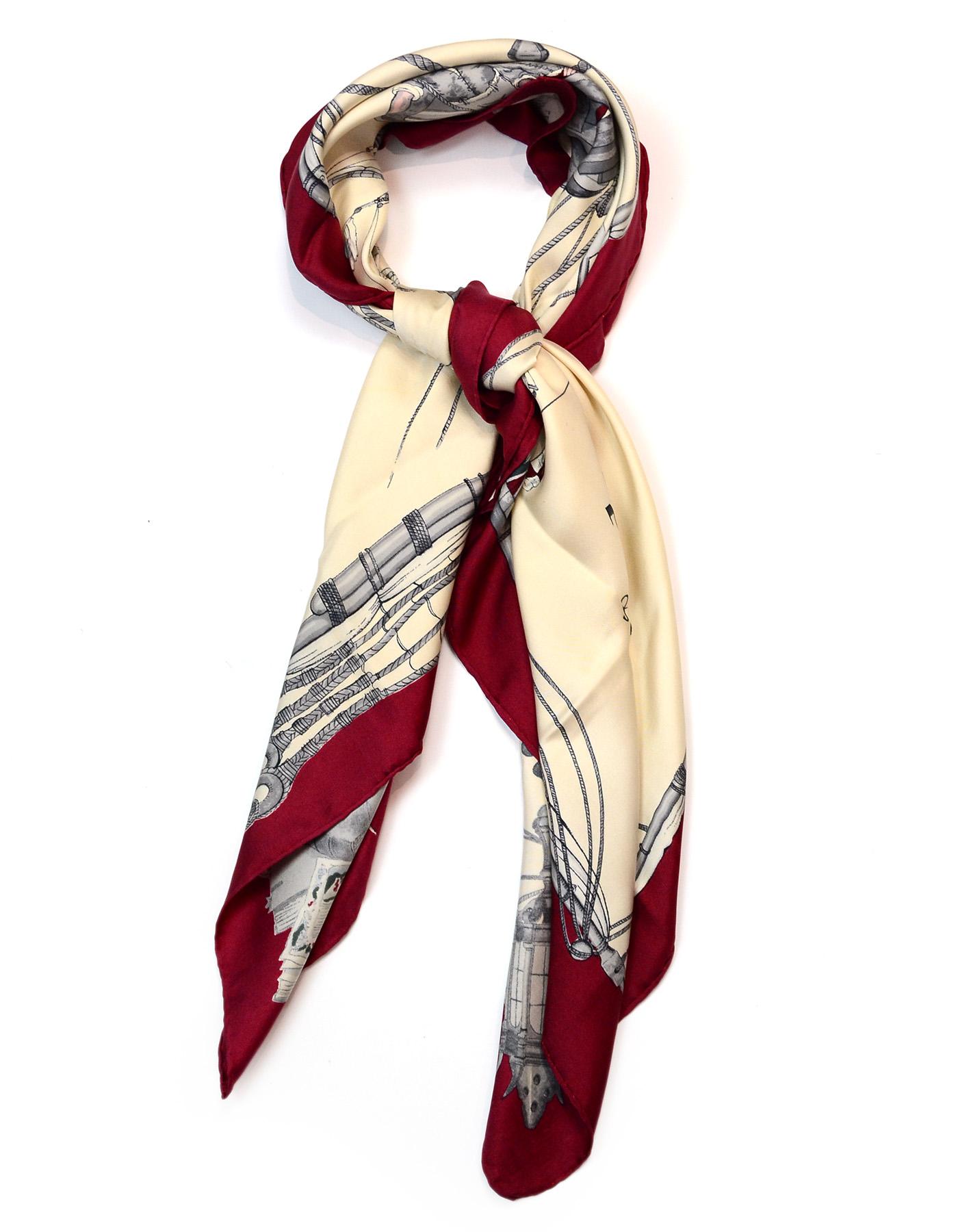 Hermes Cream/Burgundy Caravelle 90 CM Silk Scarf 

Color: Cream and burgundy 
Materials: 100% silk
Overall Condition: Excellent pre-owned condition with the exception of a watermark and some staining at a fold
Estimated Retail: $395 +