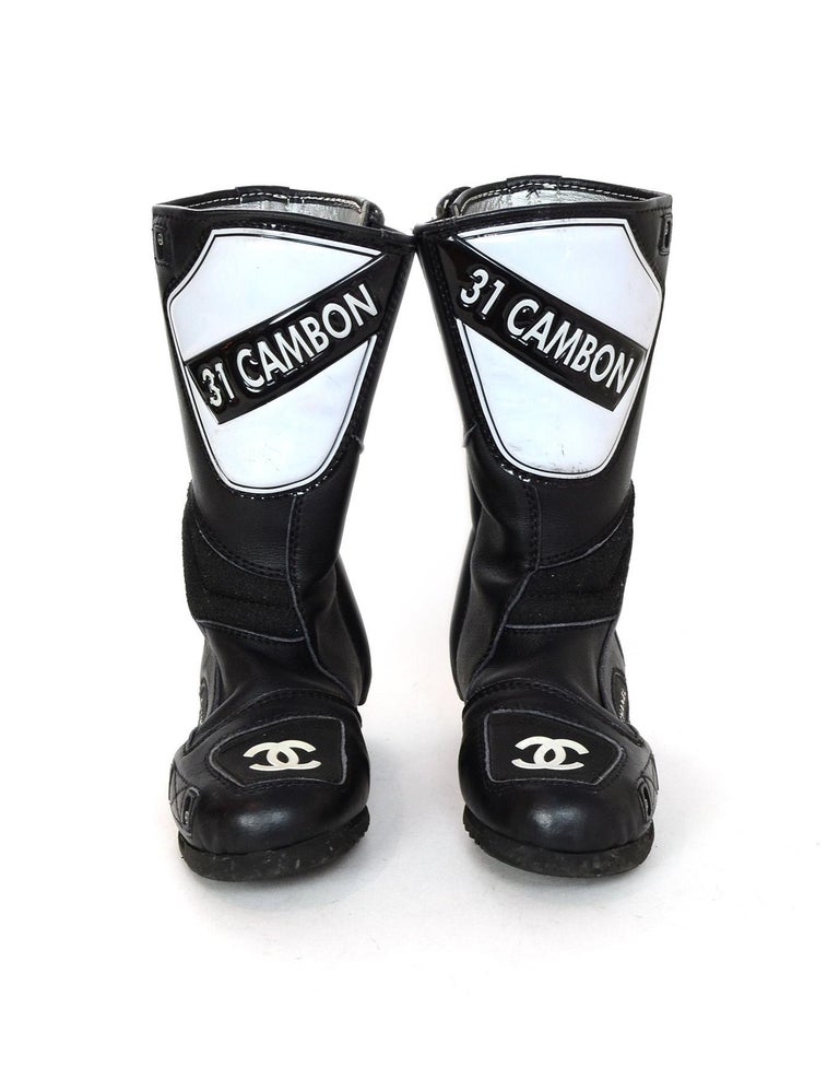 Chanel Vintage Black Leather 31 Cambon CC Motocross Mid Calf Boots Sz 36 For Sale at 1stDibs | moto boots, chanel motorcycle boots, motocross boots