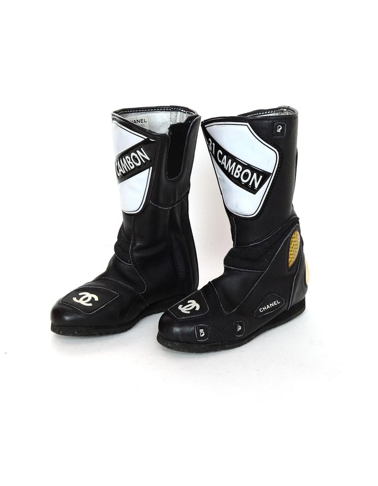 Chanel Vintage Black Leather 31 Cambon CC Motocross Mid Calf Boots Sz 36 For Sale at 1stDibs | moto boots, chanel motorcycle boots, motocross boots