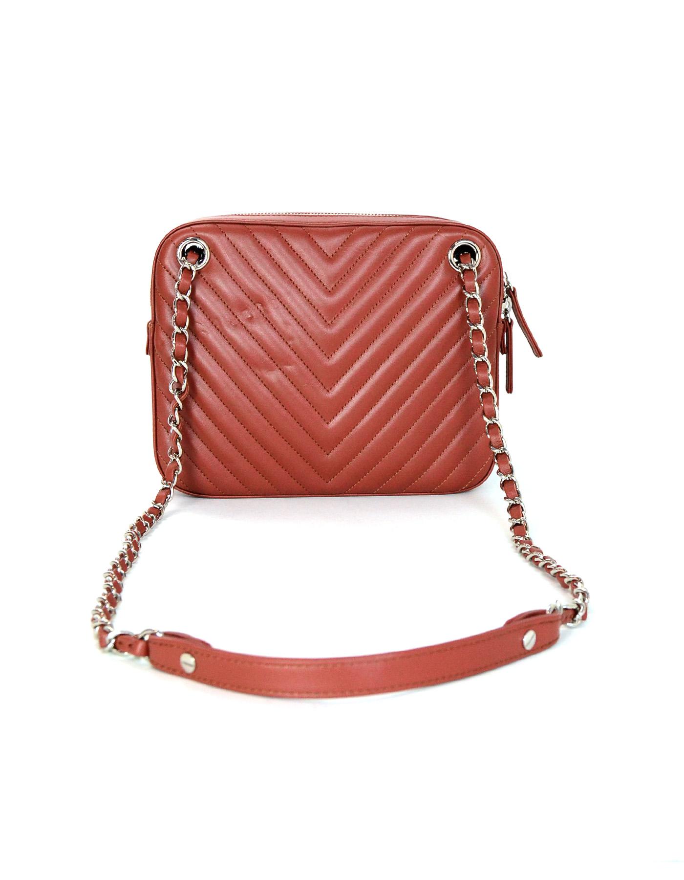 Chanel '18 Burgundy/Brick Chevron Quilted Camera Crossbody Bag w Receipt In Excellent Condition In New York, NY