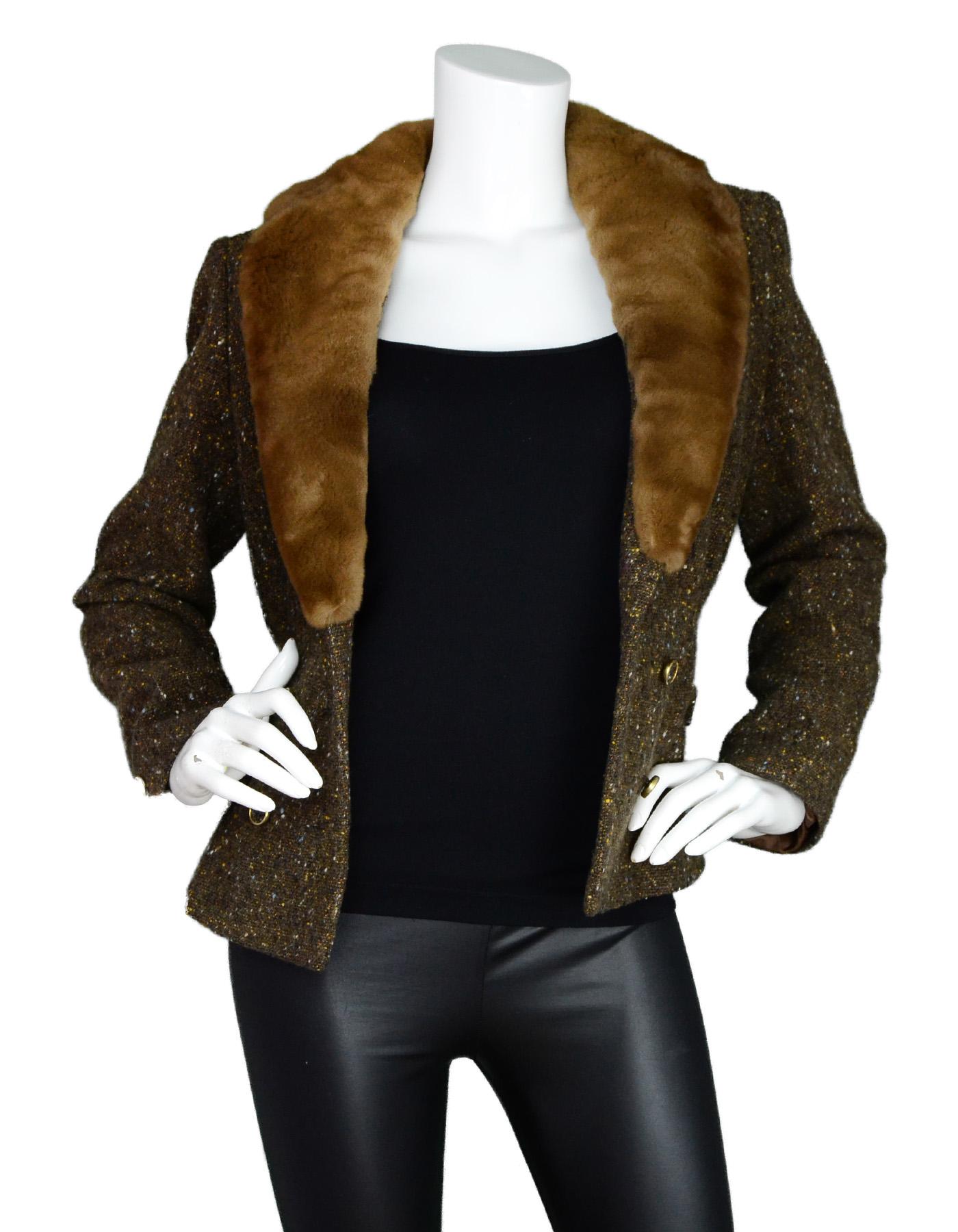Blumarine Brown Tweed Double Breasted Jacket W/ Sheared Mink Collar Sz 42. Pictured With Matching Brown Tweed Pencil Skirt, Item #15870-19.

Made In: Italy
Color: Multi-tonal brown/bronze tweed
Materials: 77% wool 18% nylon, 5% rayon
Lining: 60%