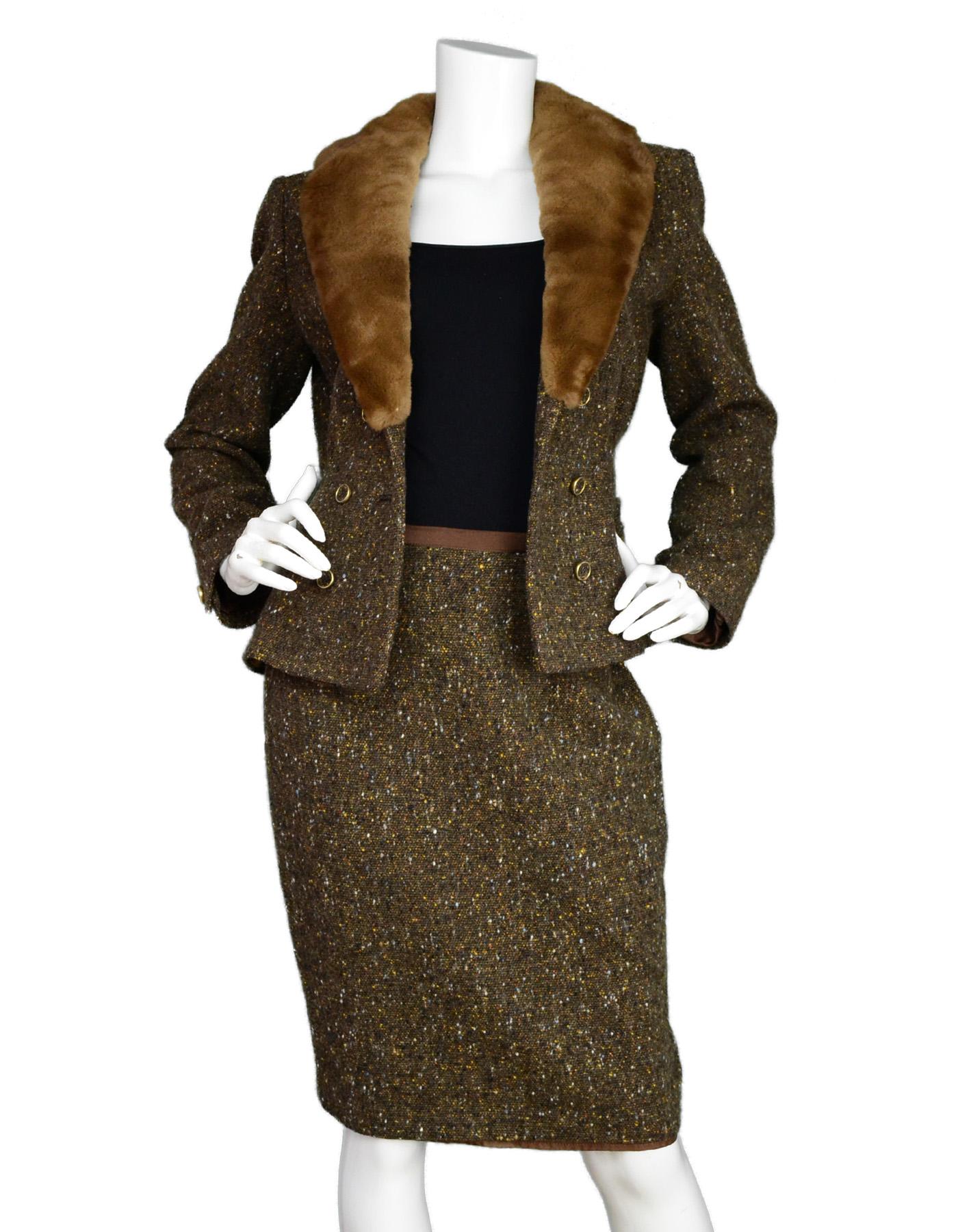 Women's Blumarine Brown Tweed Double Breasted Jacket W/ Sheared Mink Collar Sz 42