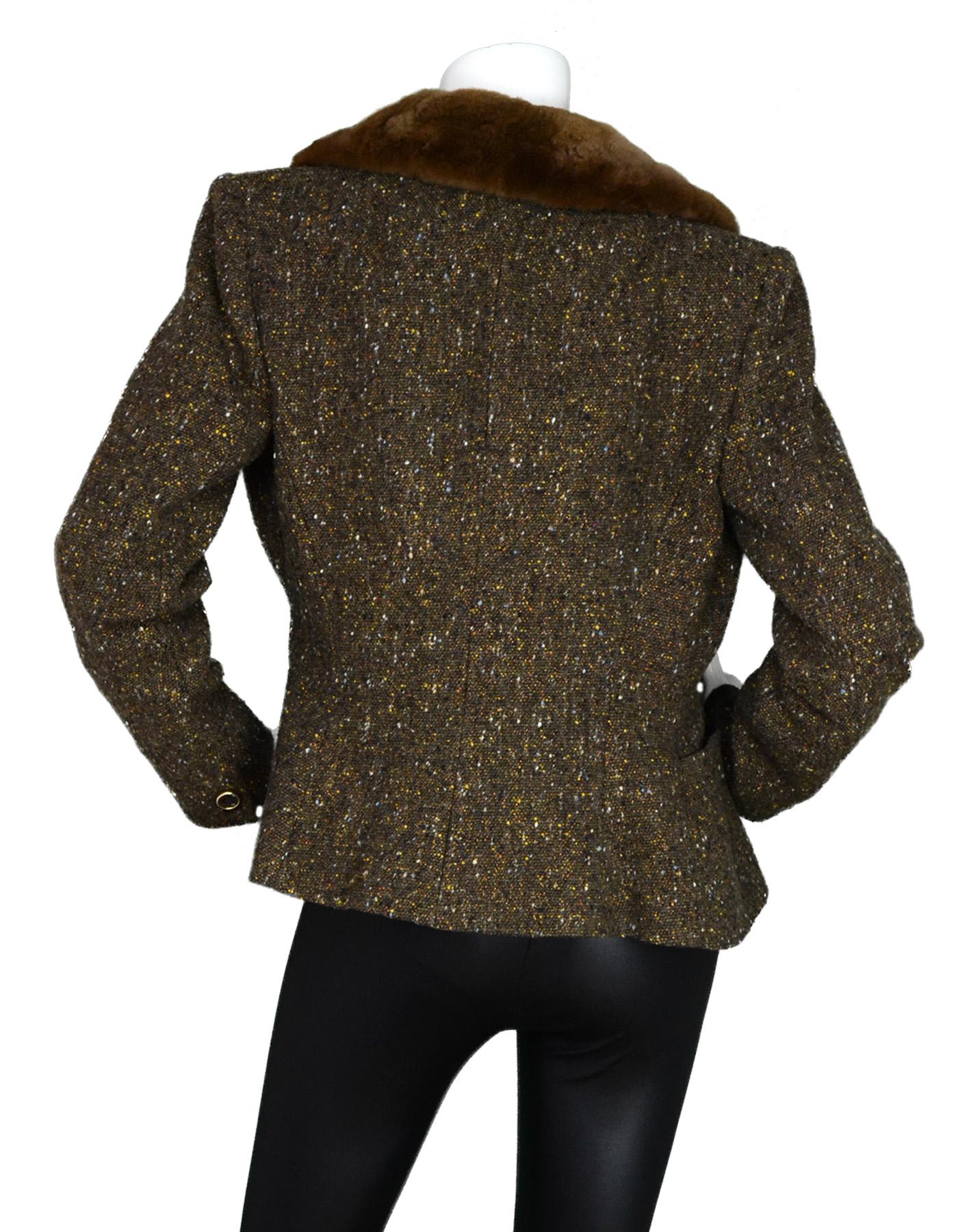 Blumarine Brown Tweed Double Breasted Jacket W/ Sheared Mink Collar Sz 42 In Excellent Condition In New York, NY