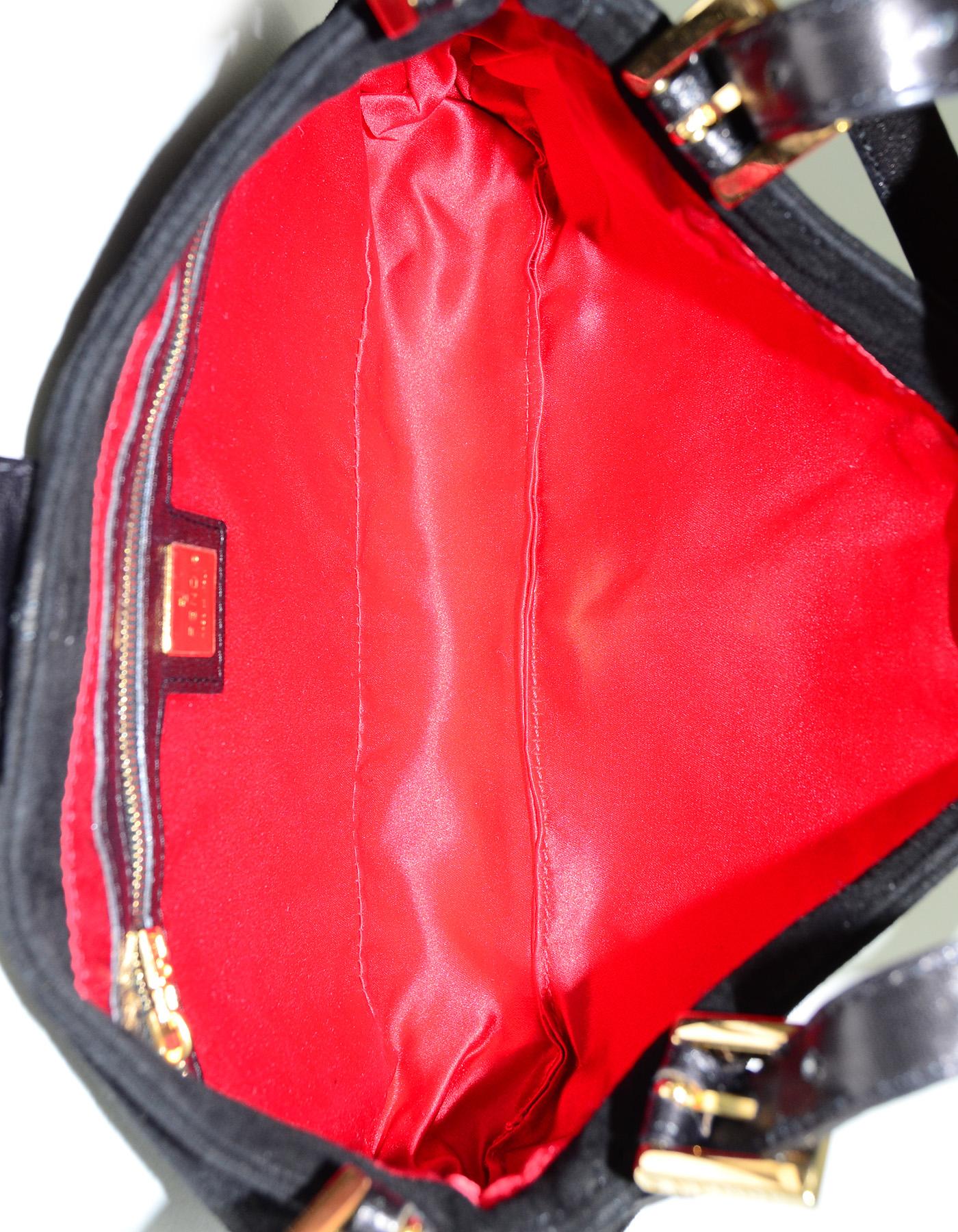 Fendi Black Suede Baguette Bag W/ Red Glitter Enamel FF Logo Buckle In Excellent Condition In New York, NY