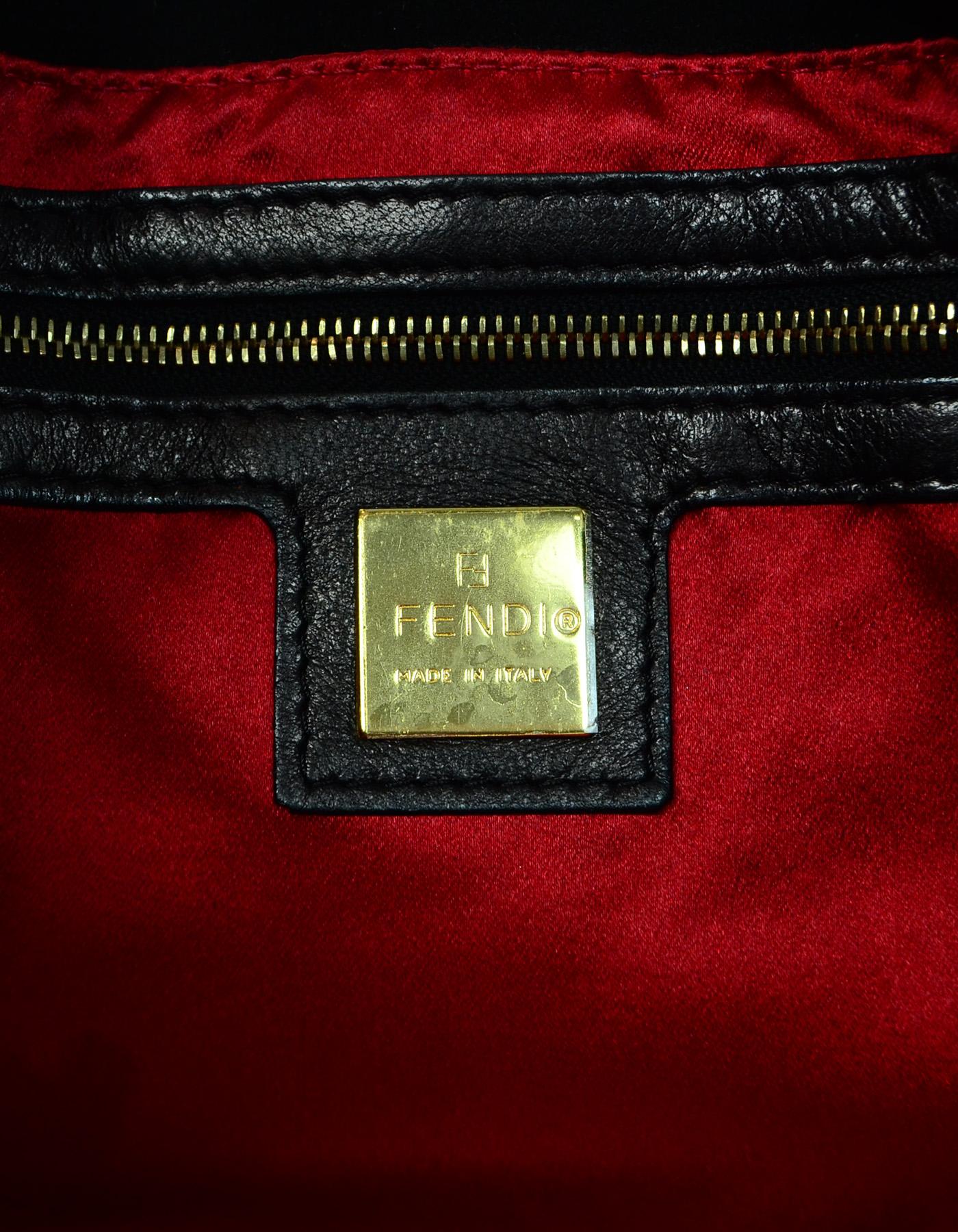 Women's Fendi Black Suede Baguette Bag W/ Red Glitter Enamel FF Logo Buckle