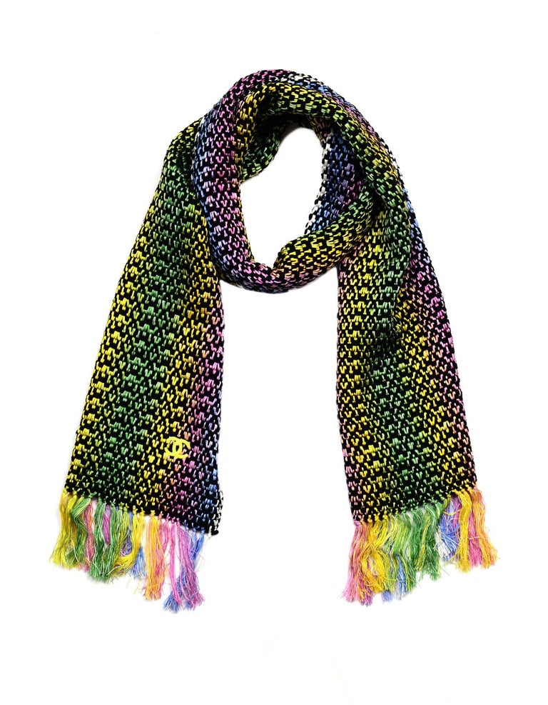 Chanel MultiColor Knit Scarf w. CC and Fringe Trim For Sale at 1stDibs