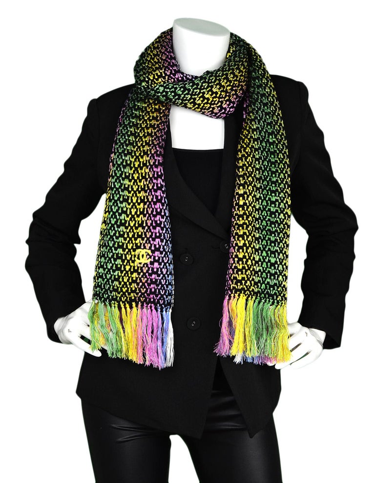 Chanel Multi-Color Knit Scarf w. CC and Fringe Trim For Sale at 1stDibs