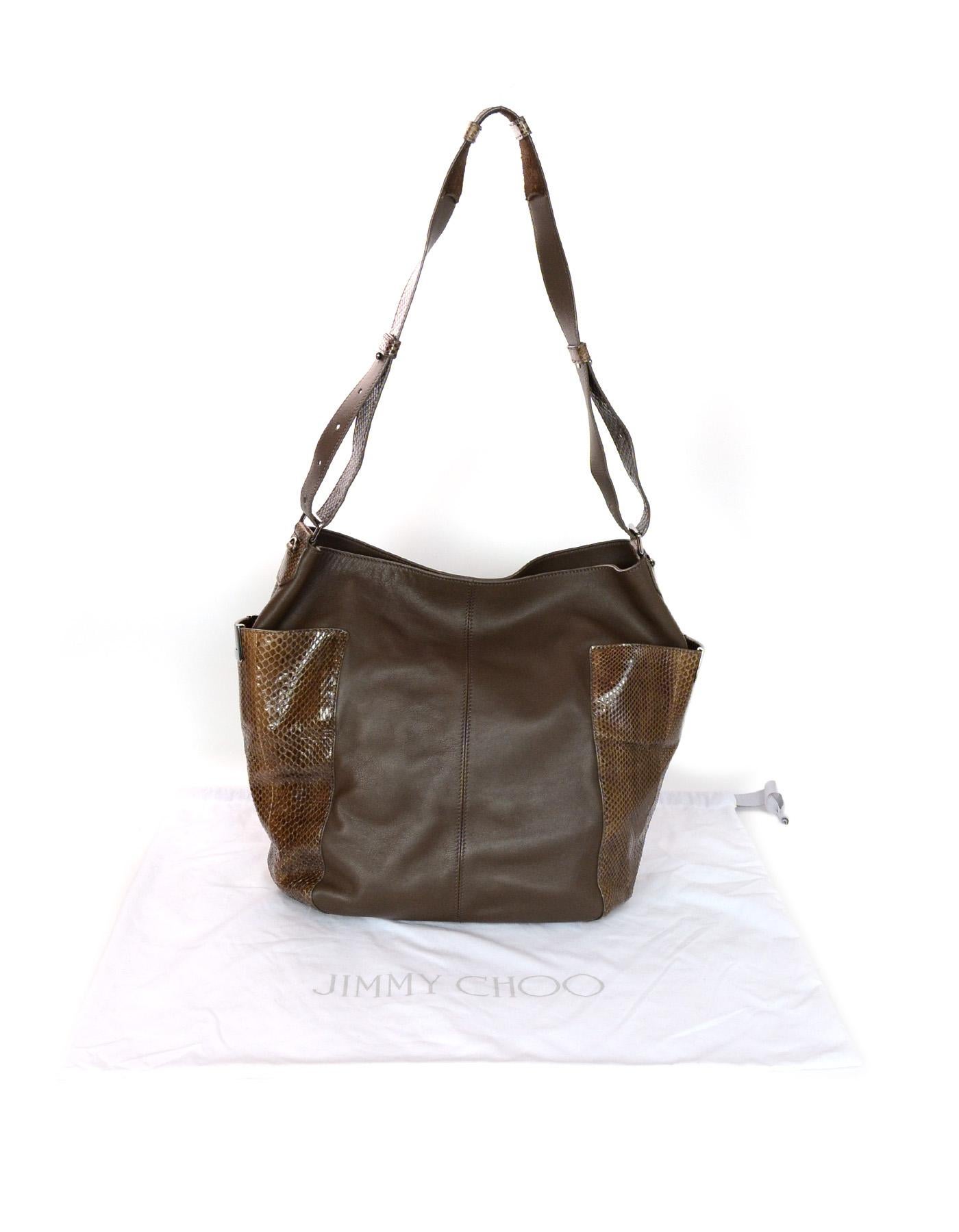 Jimmy Choo Brown Leather & Snakeskin Anna Hobo Bag w/ Side Pockets  3