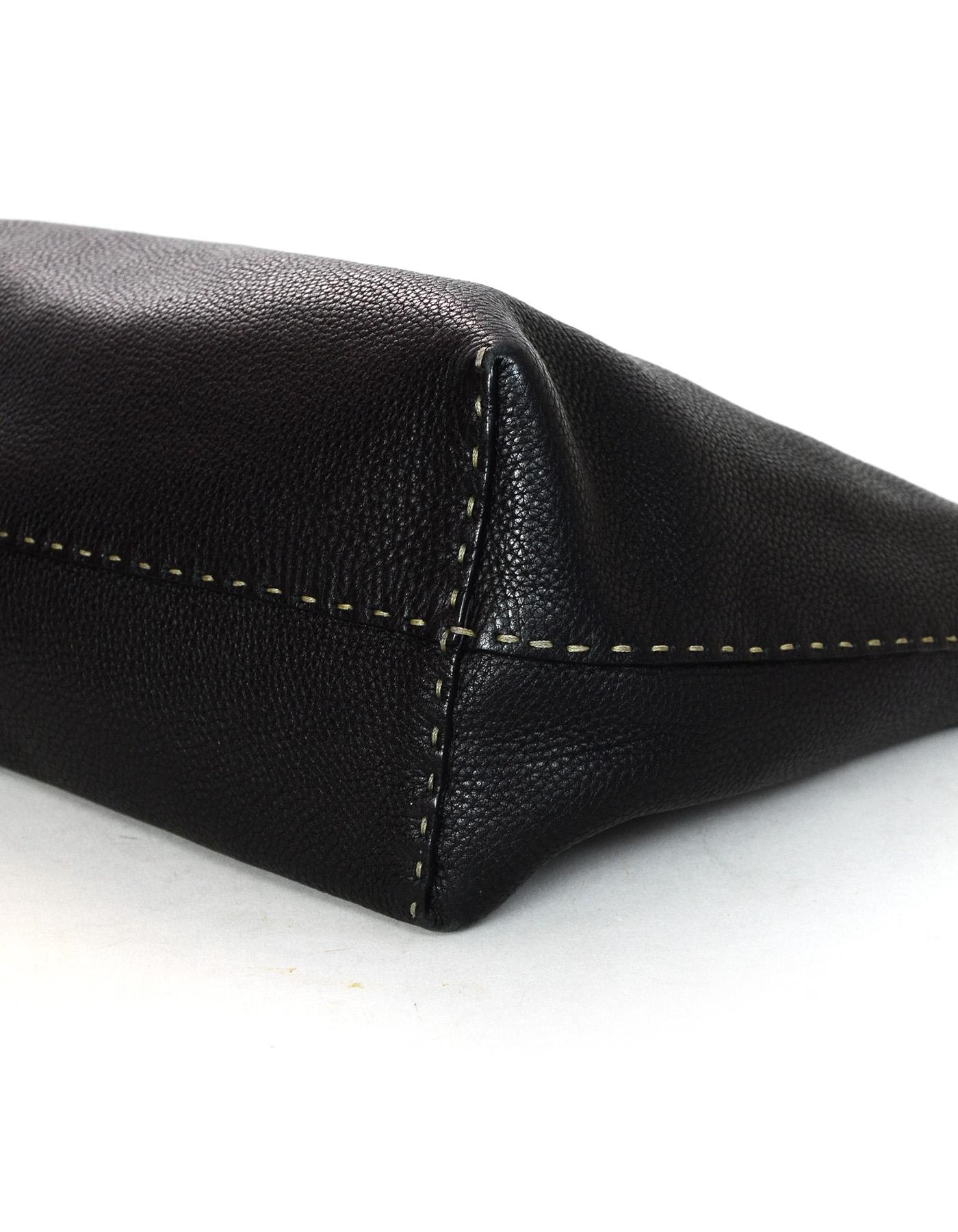 Women's Fendi Black Pebbled Leather Selleria Tote Bag w/ Contrast Stitching