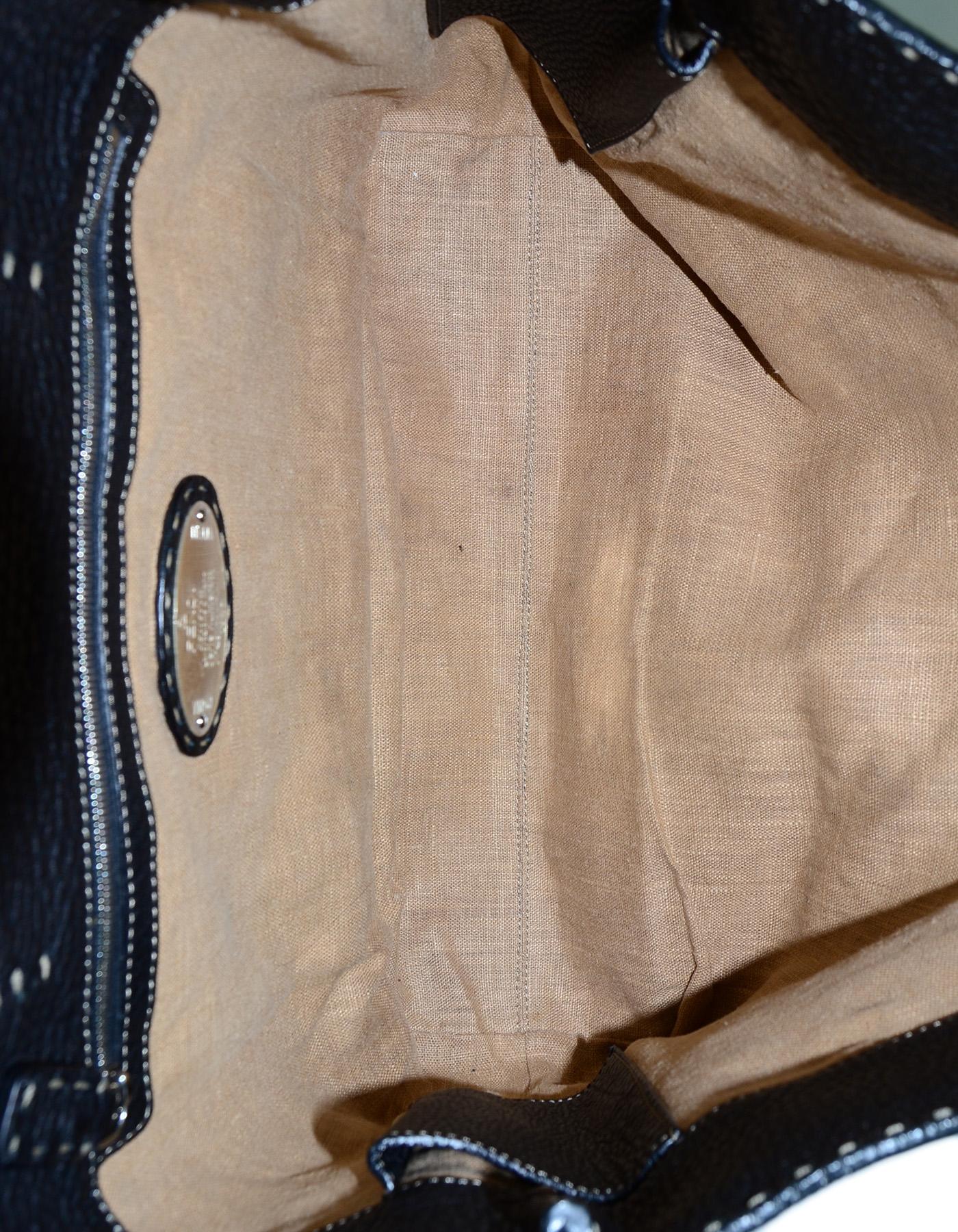 Fendi Black Pebbled Leather Selleria Tote Bag w/ Contrast Stitching 2