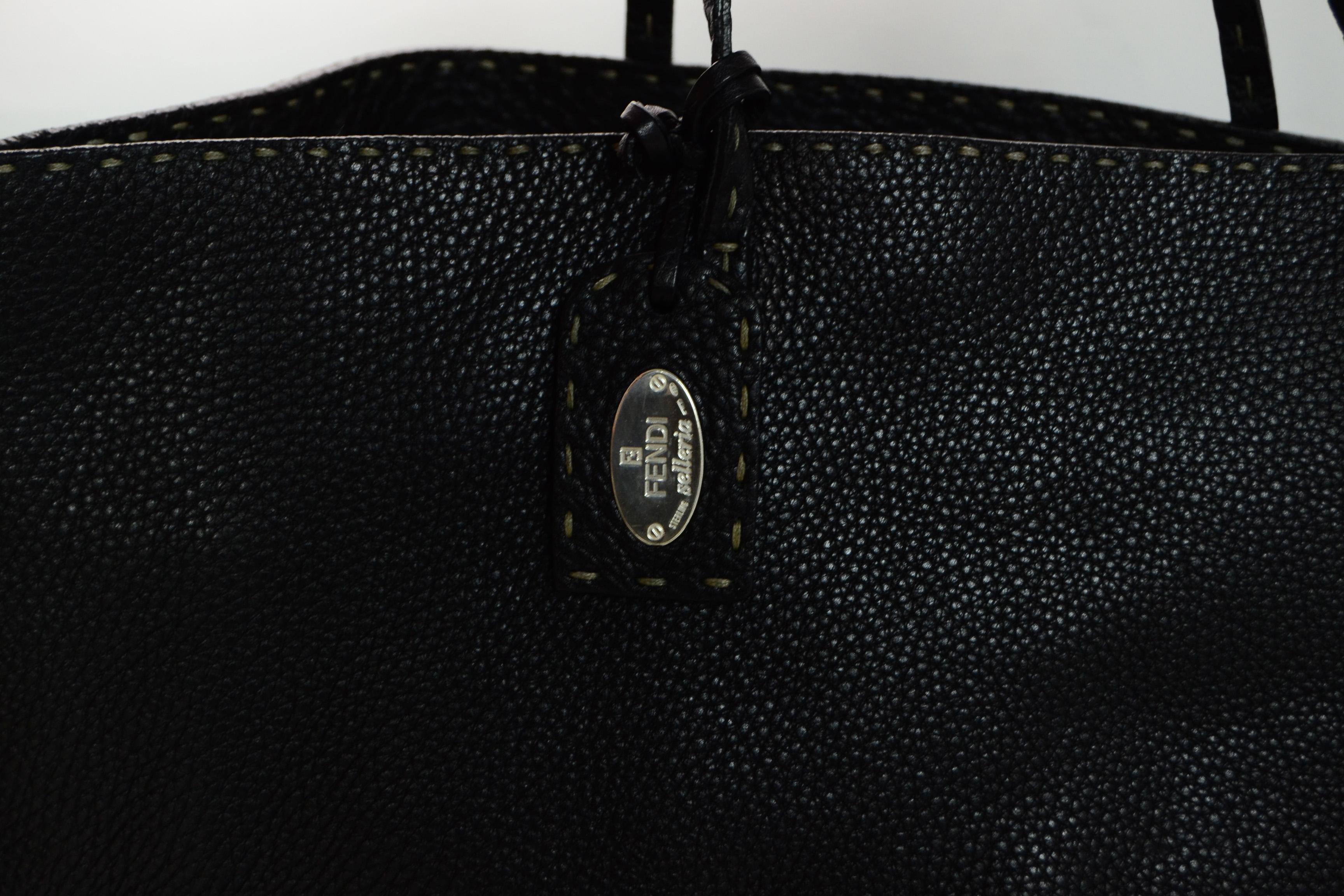 Fendi Black Pebbled Leather Selleria Tote Bag w/ Contrast Stitching 1