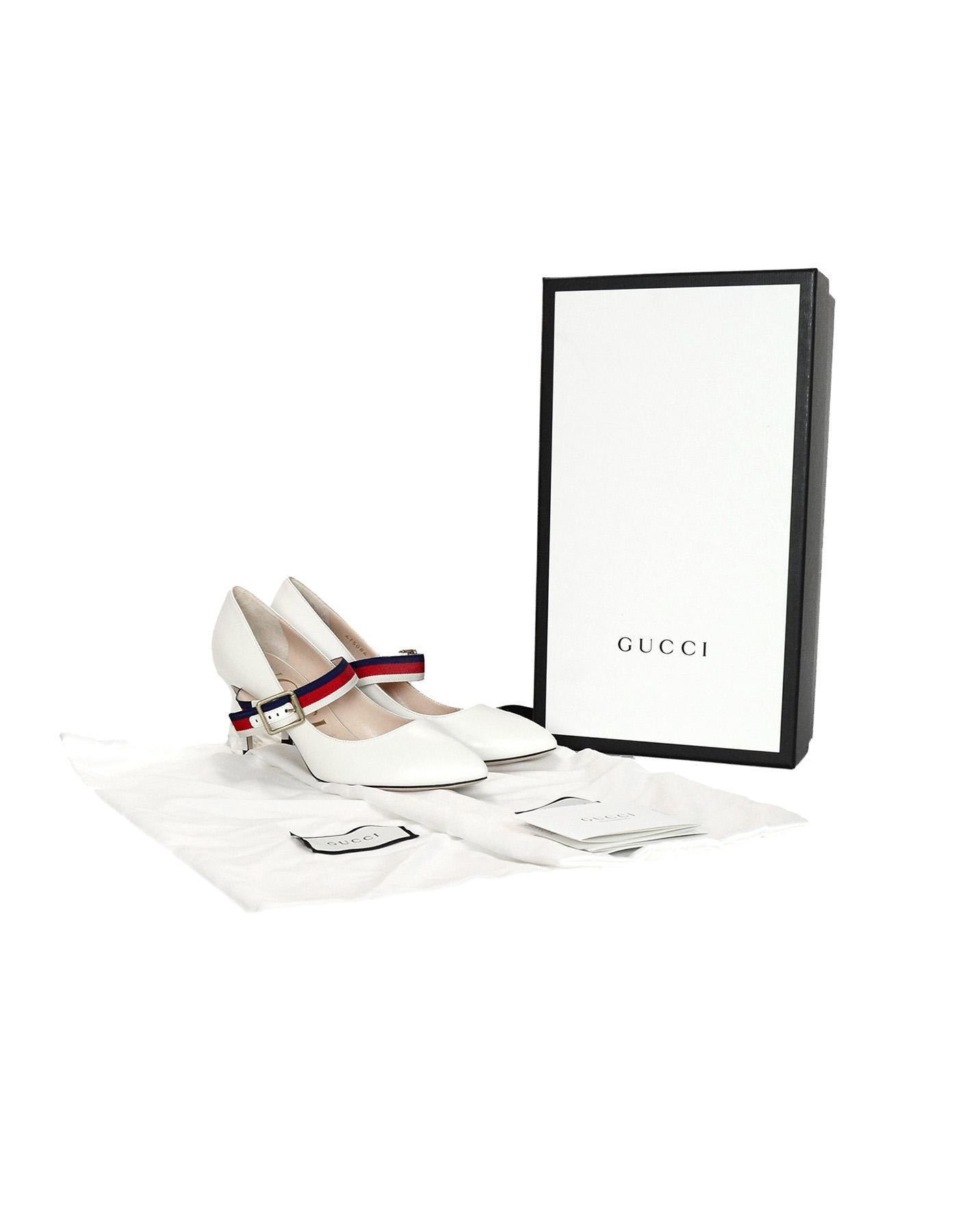 Gucci NEW White Leather Sylvie Grosgrain-Trimmed Red/Blue Web Pumps Sz 37.5 W/ Box & Two Dust Bags

Made In: Italy
Color: White with red and blue grosgrain-trimmed 
Hardware: Goldtone
Materials: Leather and grosgrain-trim
Closure/Opening: Side