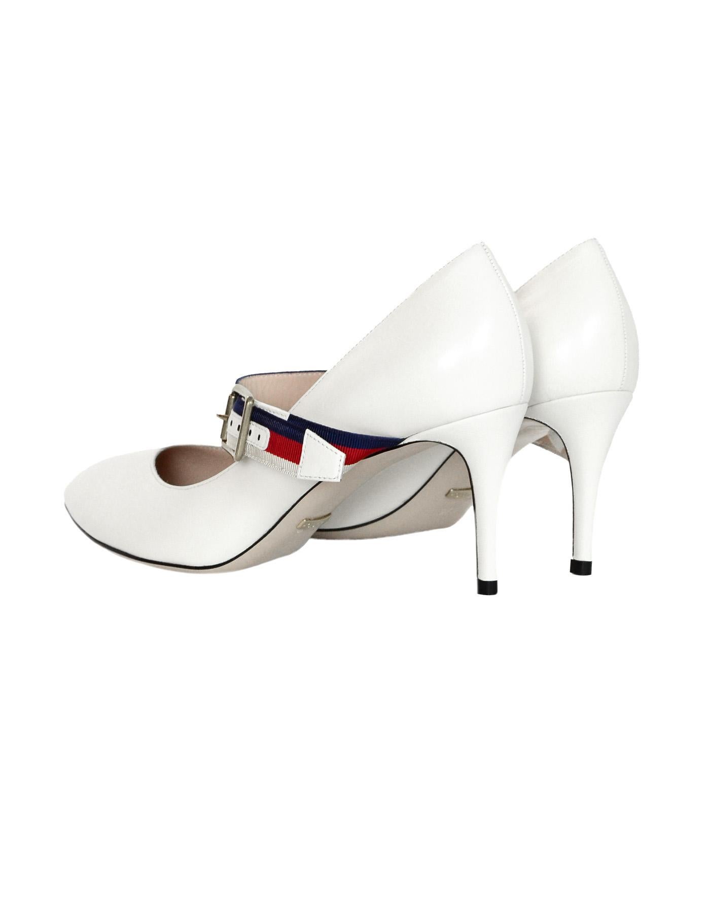 Gucci NEW White Leather Sylvie Pumps w. Red/Blue Grosgrain-Trimmed Web Sz 37.5 1