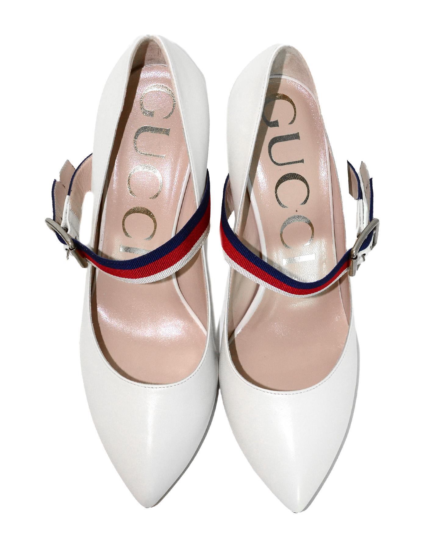 Gucci NEW White Leather Sylvie Pumps w. Red/Blue Grosgrain-Trimmed Web Sz 37.5 2
