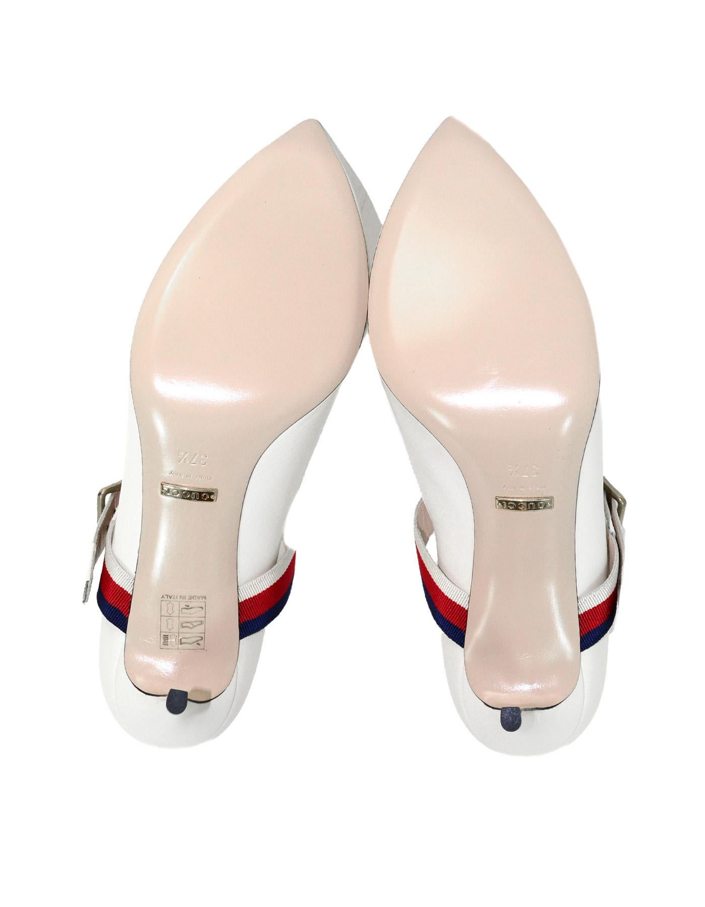Gucci NEW White Leather Sylvie Pumps w. Red/Blue Grosgrain-Trimmed Web Sz 37.5 3
