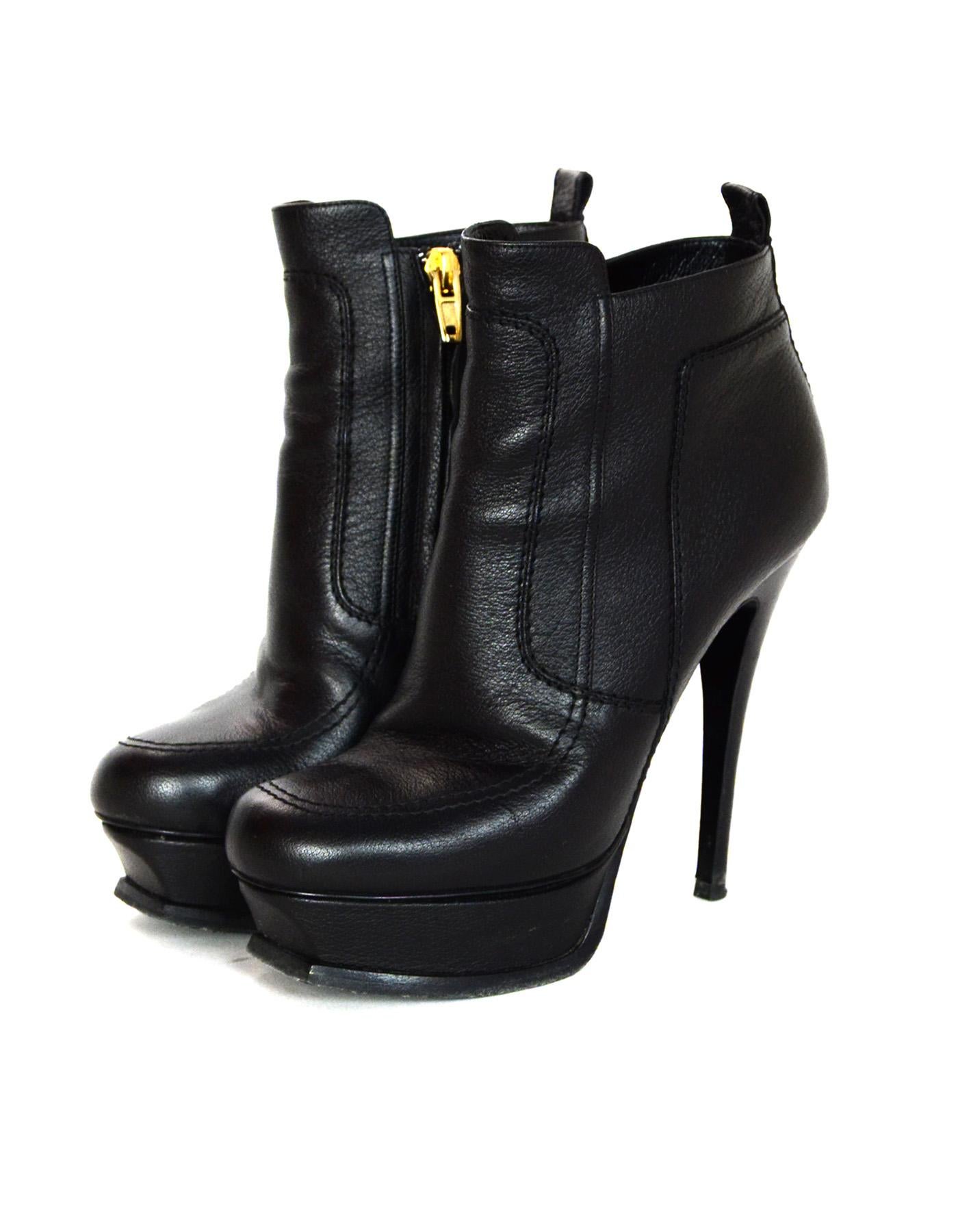 YSL Yves Saint Laurent Black Leather Platform Ankle Bootie Sz 36 In Excellent Condition In New York, NY