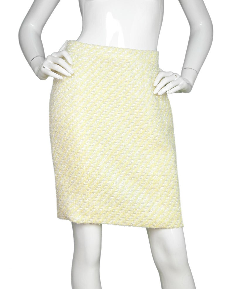 Chanel Yellow/White Tweed Skirt W/ Back CC Buttons Sz 6 For Sale at 1stdibs