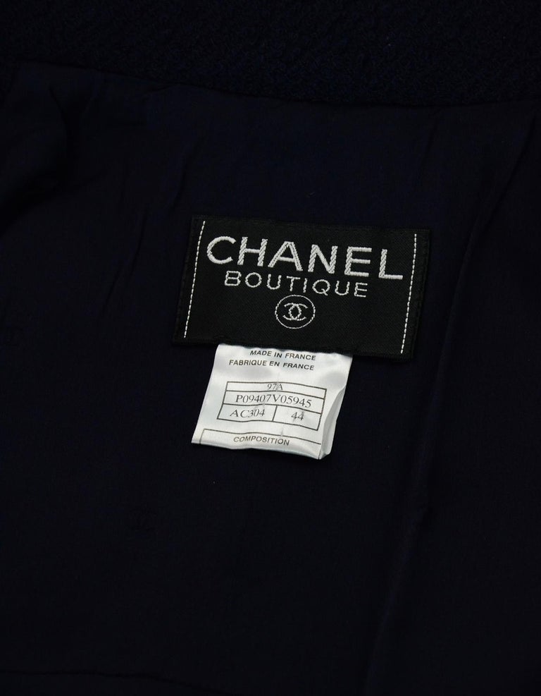 Chanel Vintage 1997 Navy Boucle Zip Up Jacket W/ Velvet Trim Sz 44 For ...