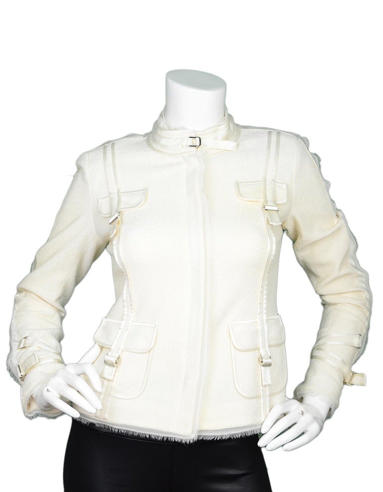 St. John Couture Cream Zip Up Jacket W/ Silk Trim and Pockets Sz 2 at ...