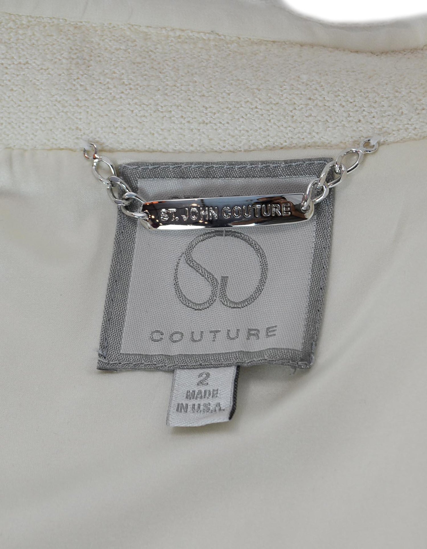 St. John Couture Cream Zip Up Jacket W/ Silk Trim and Pockets ...