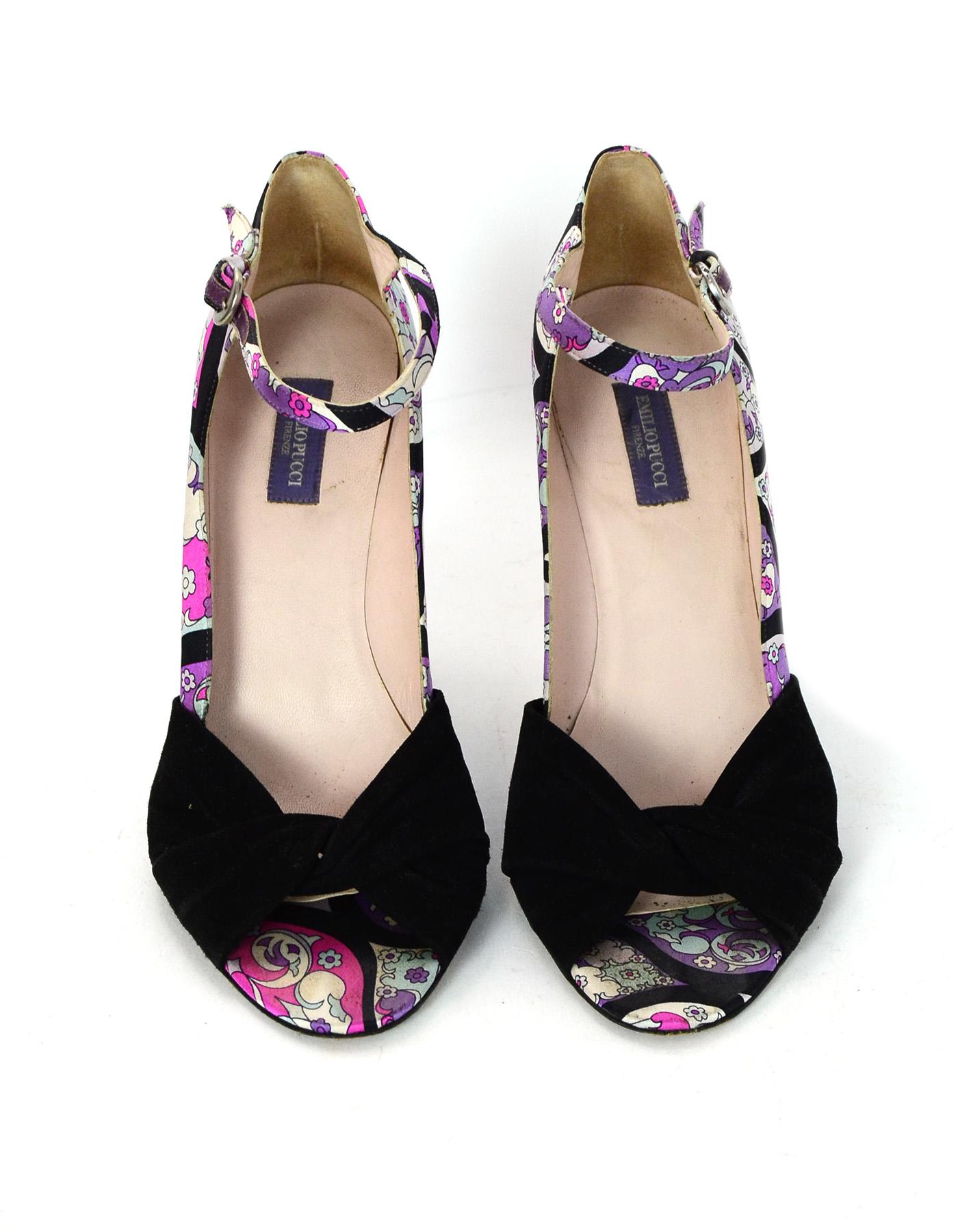 Women's Emilio Pucci Printed Fabric Heels Shoes W/ Black Suede Sz 39