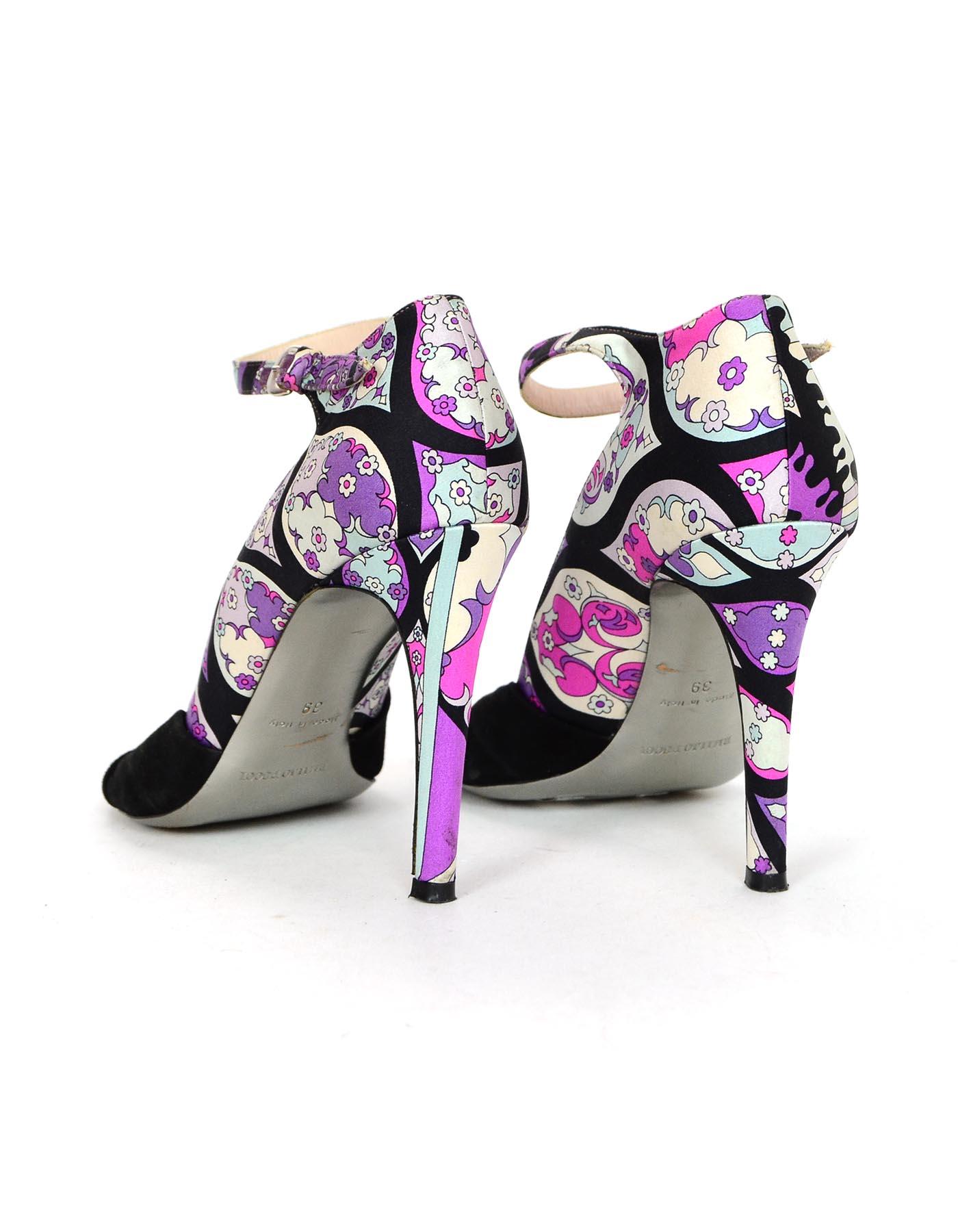 Emilio Pucci Printed Fabric Heels Shoes W/ Black Suede Sz 39 In Excellent Condition In New York, NY
