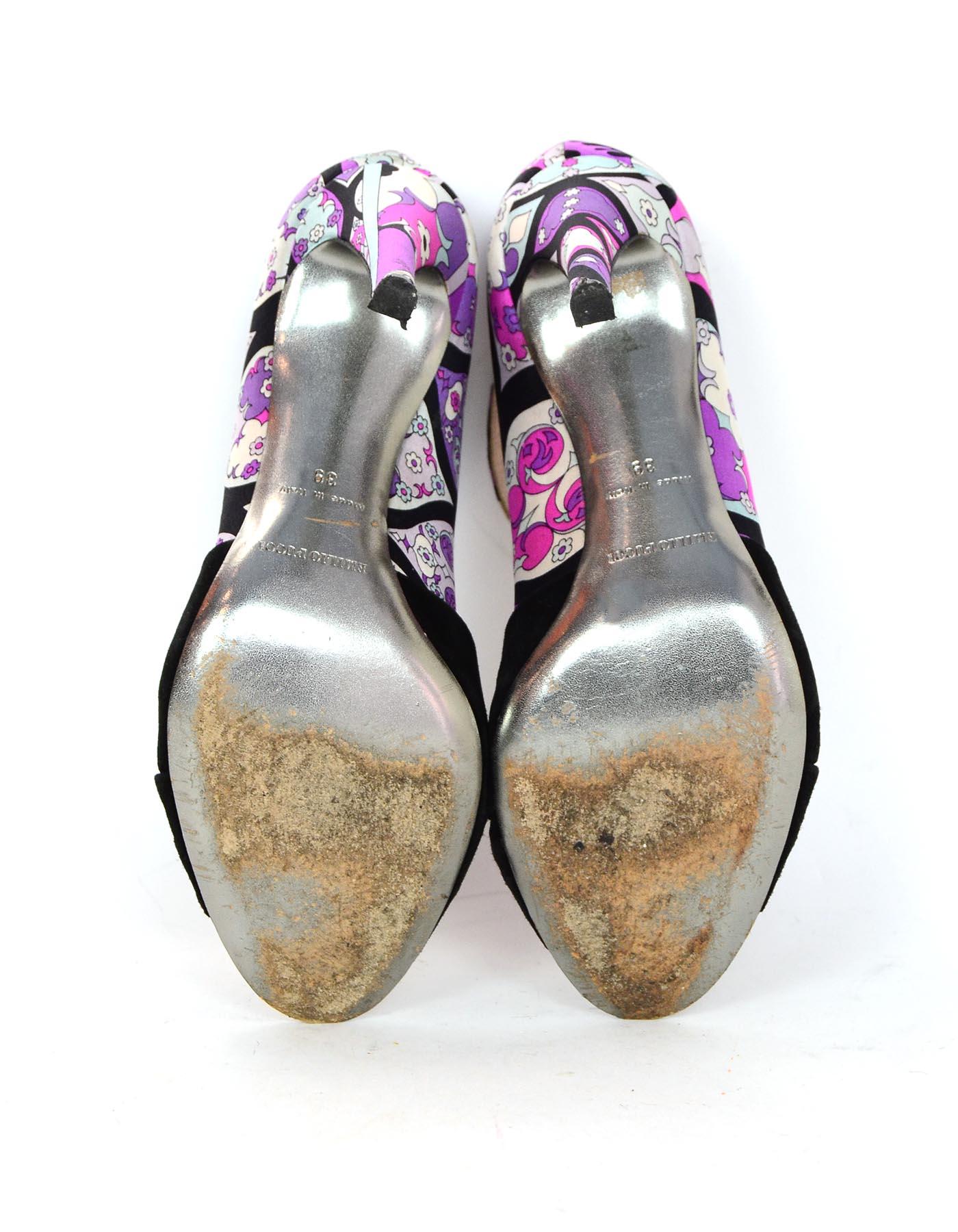 Emilio Pucci Printed Fabric Heels Shoes W/ Black Suede Sz 39 1