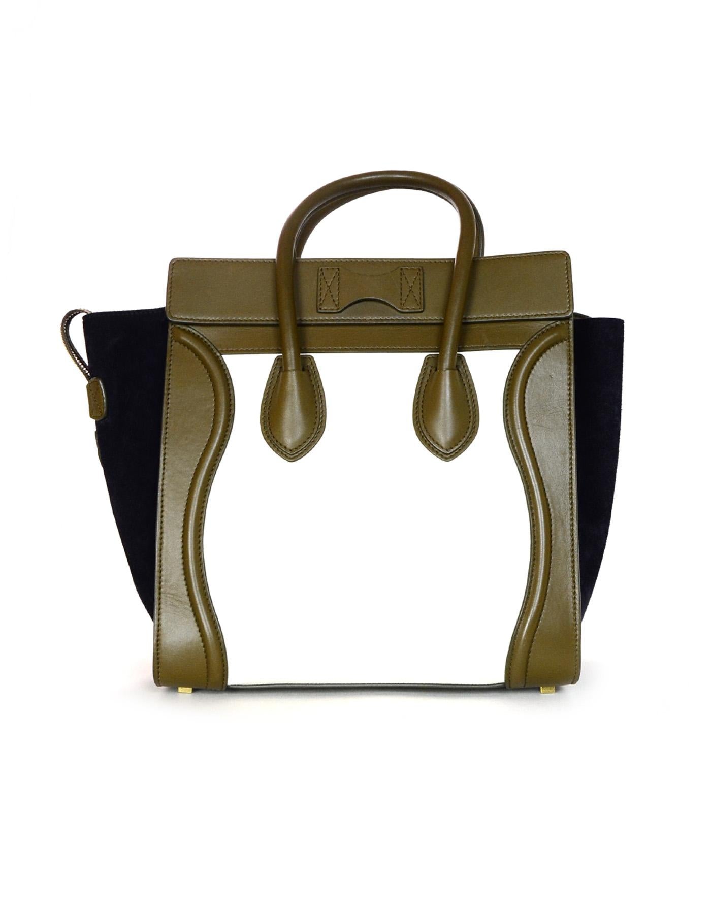 Celine Tri-Color Ivory/Brown/Navy Calfskin Leather/Nubuck Suede Mini Luggage Bag In Good Condition In New York, NY