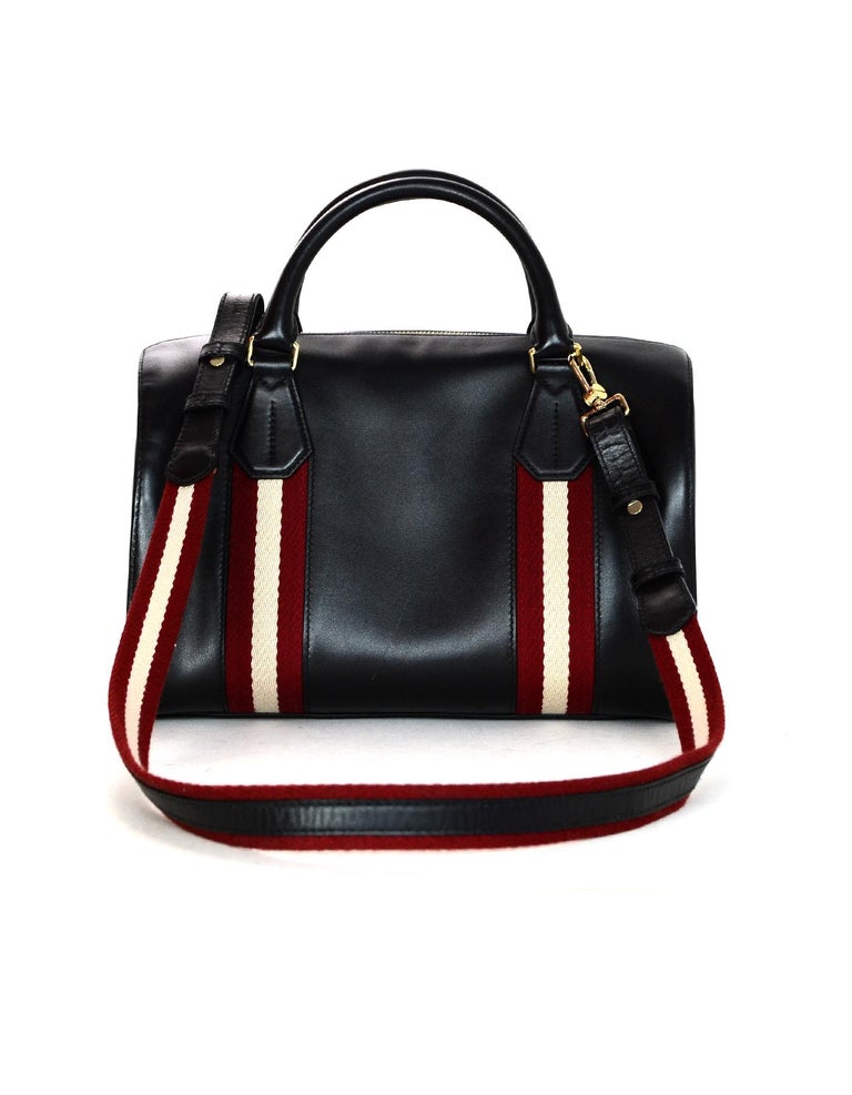 Bally Black Leather Boston Bag W/ Red/Cream Canvas Stripe and Strap For ...
