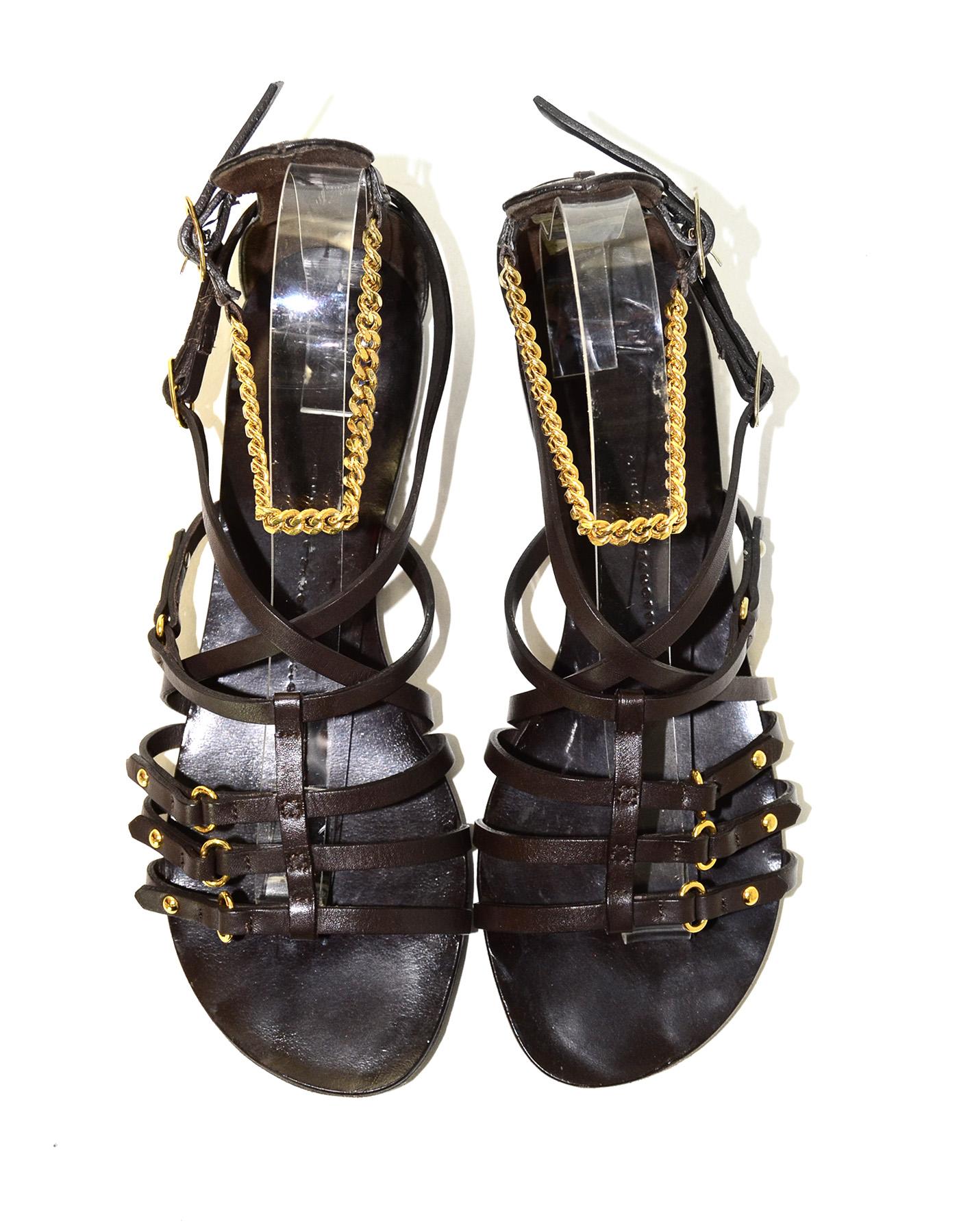 Giuseppe Zanotti Brown Leather Gladiator Sandals W/ Chain Ankle Sz 38 In Excellent Condition In New York, NY